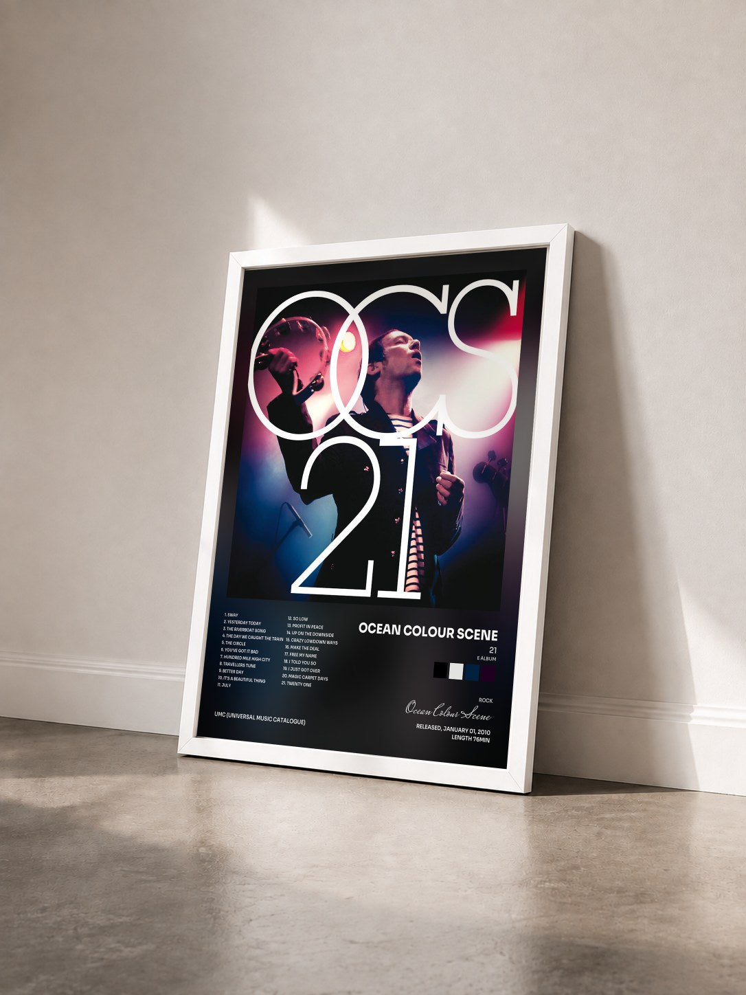 #blanc Tableau de l'album 21 (E Album) de Ocean Colour Scene vu de trois quarts, cadre blanc