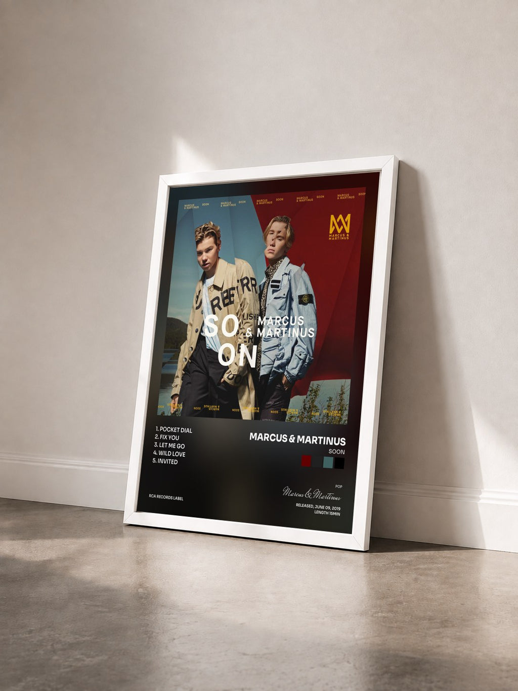 #blanc SOON by Marcus & Martinus as a framed art print seen at an angle, white frame