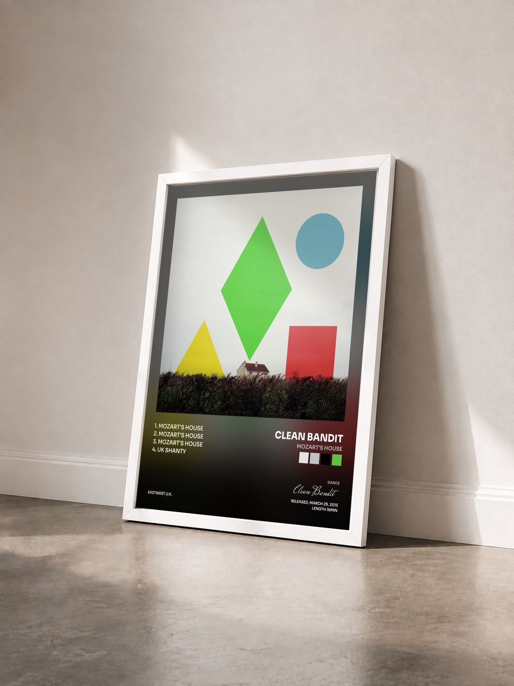 #blanc Tableau de l'album Mozart's House de Clean Bandit vu de trois quarts, cadre blanc