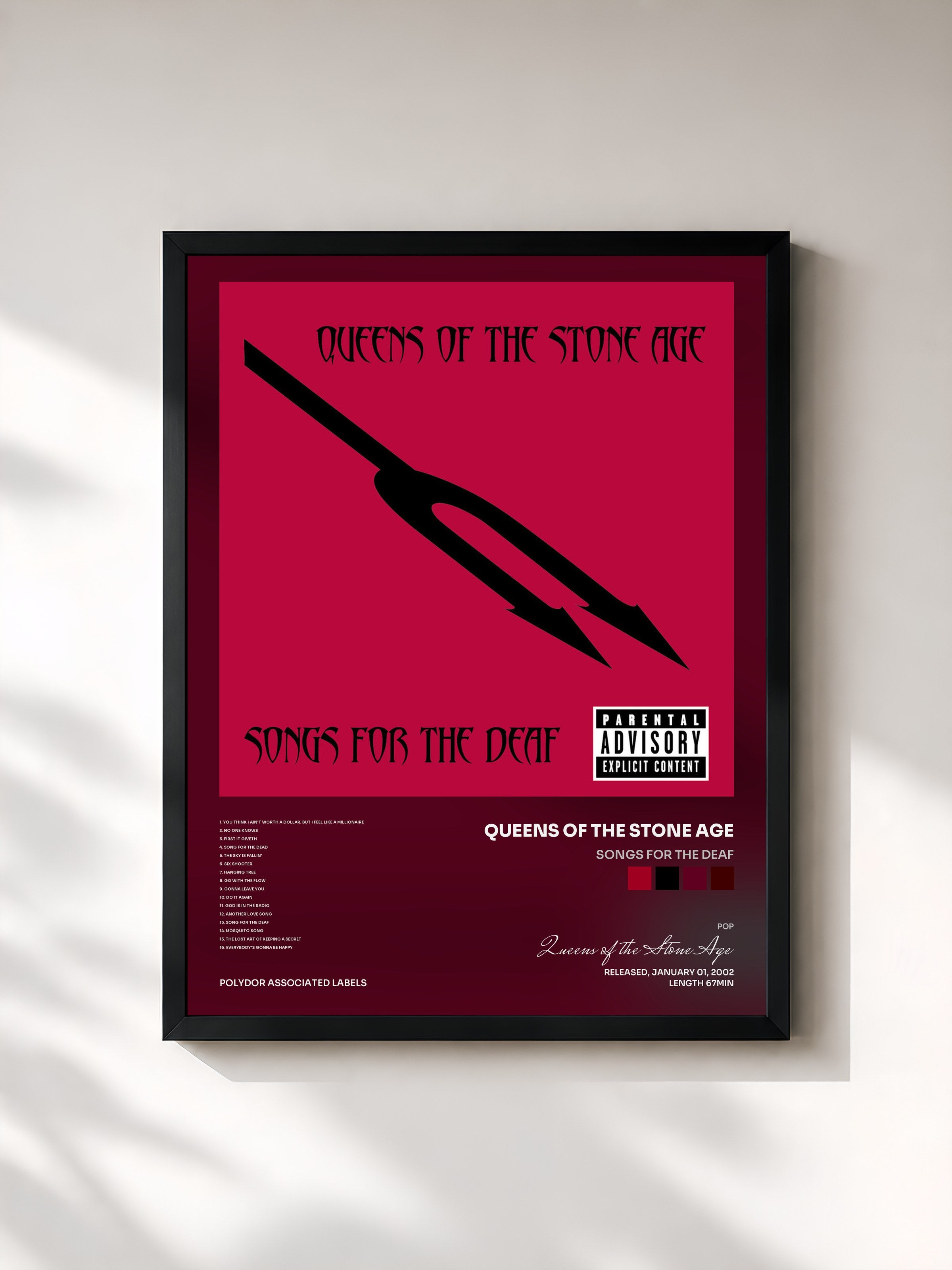 #noir Tableau de l'album Songs For The Deaf de Queens of the Stone Age, cadre noir, imprimé et encadré en France