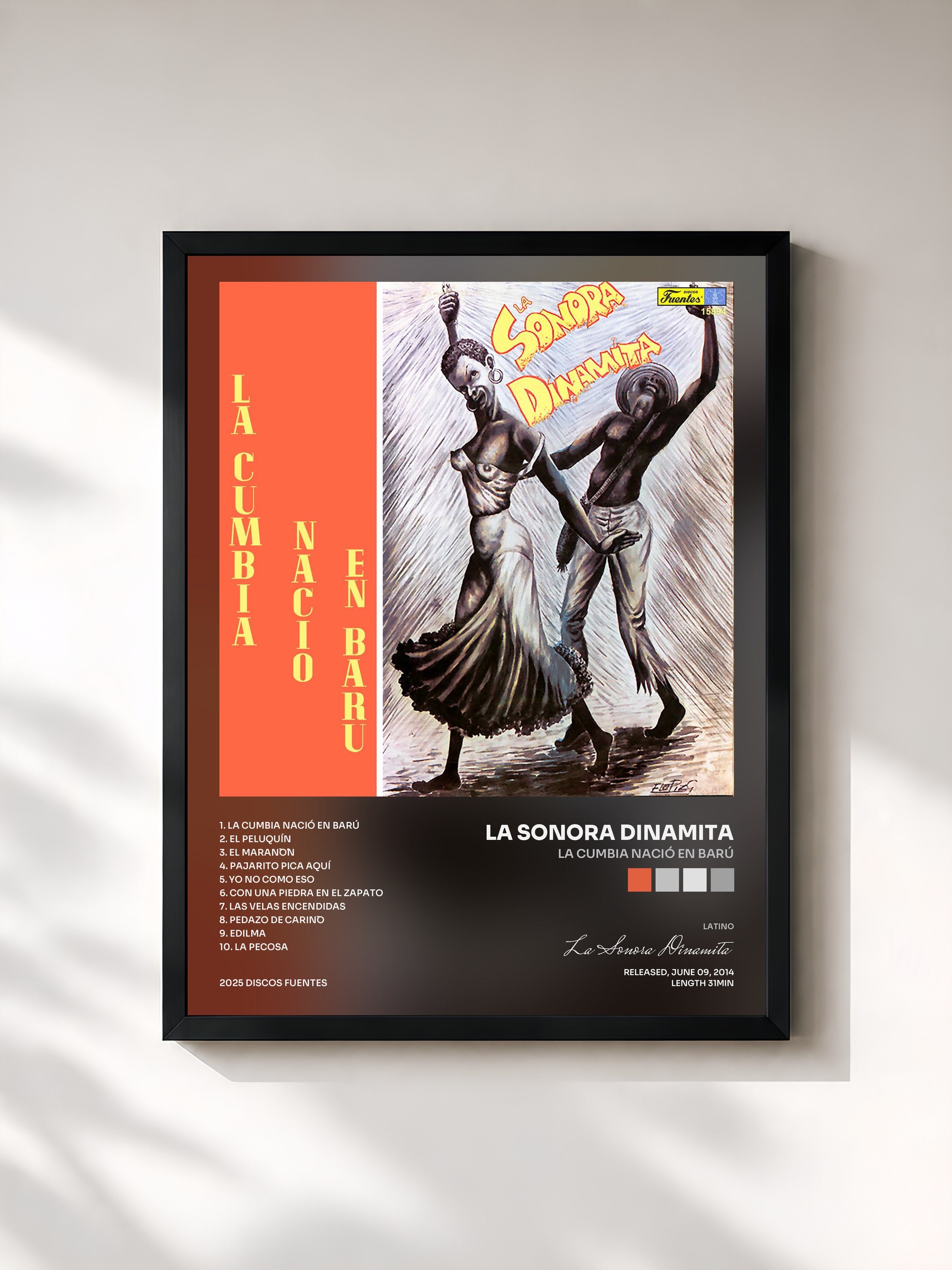 #noir Tableau de l'album La Cumbia Nació en Barú de La Sonora Dinamita, cadre noir, imprimé et encadré en France
