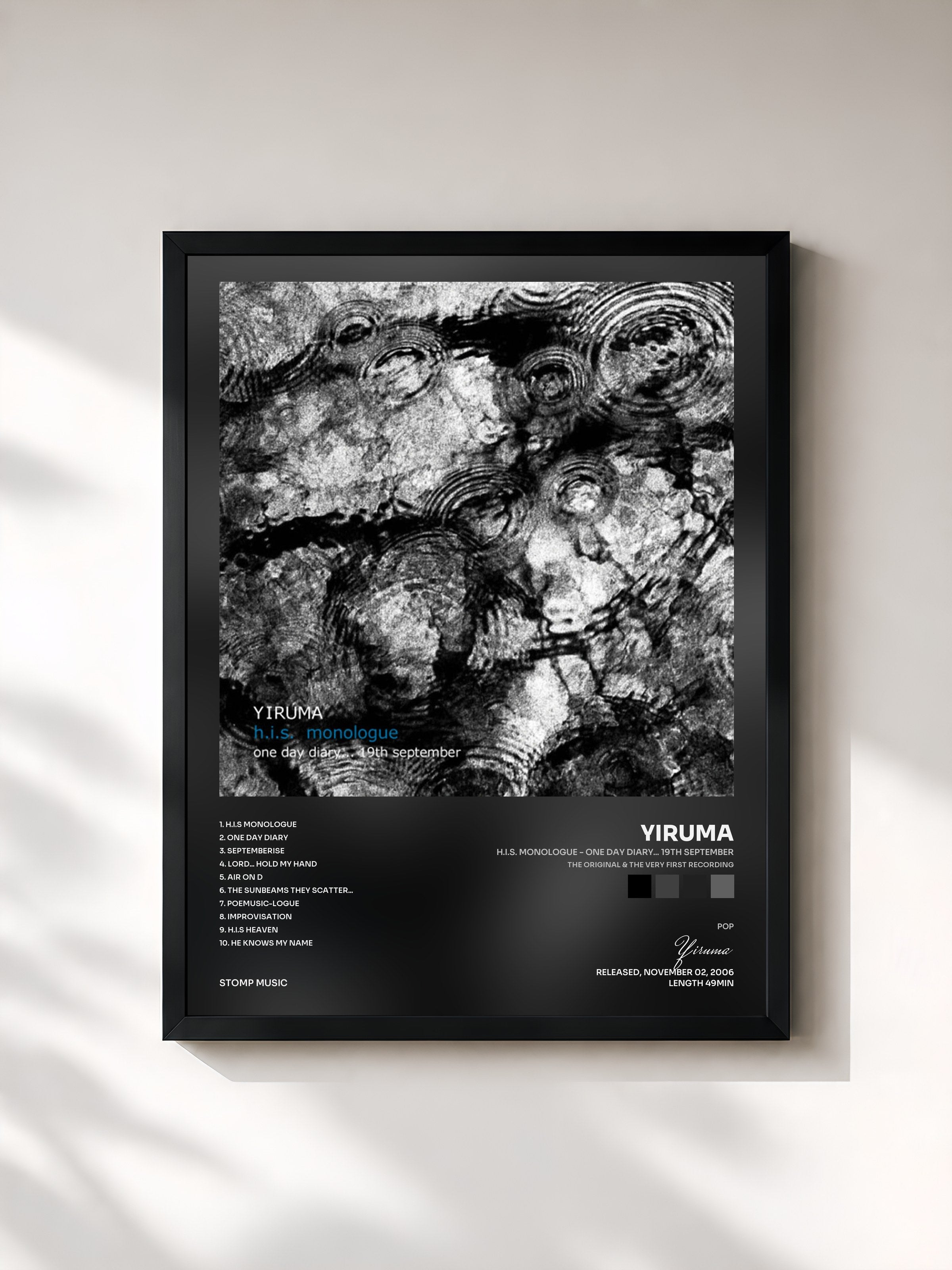#noir Tableau de l'album H.I.S. Monologue - One Day Diary... 19th September (The Original & the Very First Recording) de Yiruma, cadre noir, imprimé et encadré en France