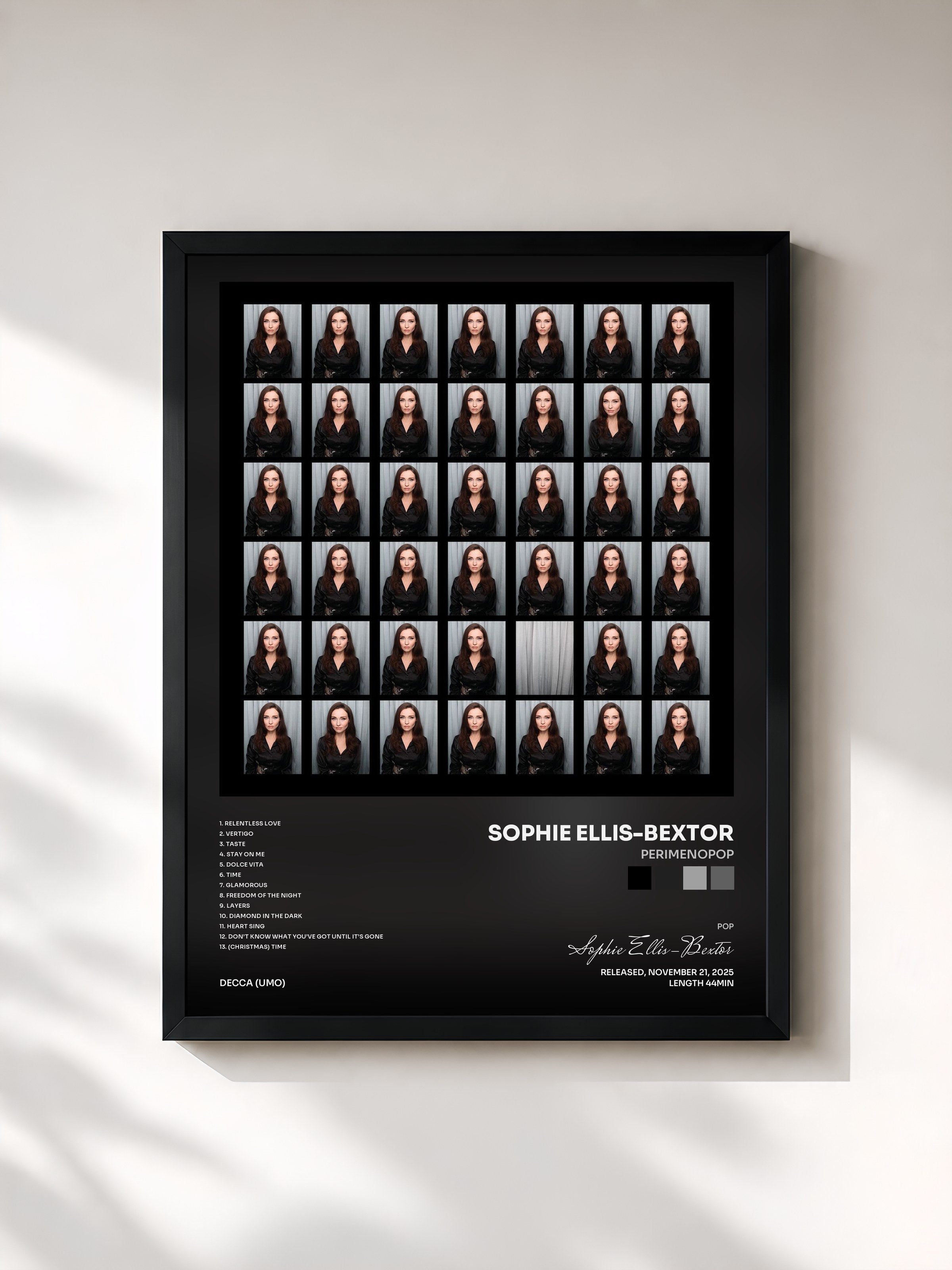 #noir Tableau de l'album Perimenopop de Sophie Ellis-Bextor, cadre noir, imprimé et encadré en France