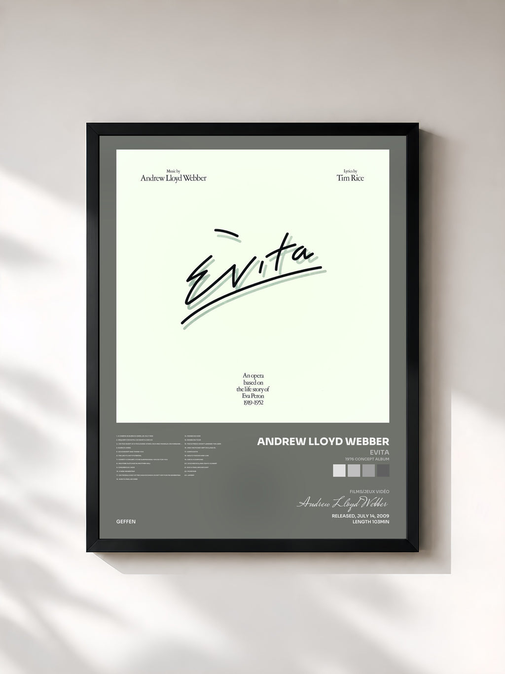 #noir Tableau de l'album Evita (1976 Concept Album) de Andrew Lloyd Webber, cadre noir, imprimé et encadré en France