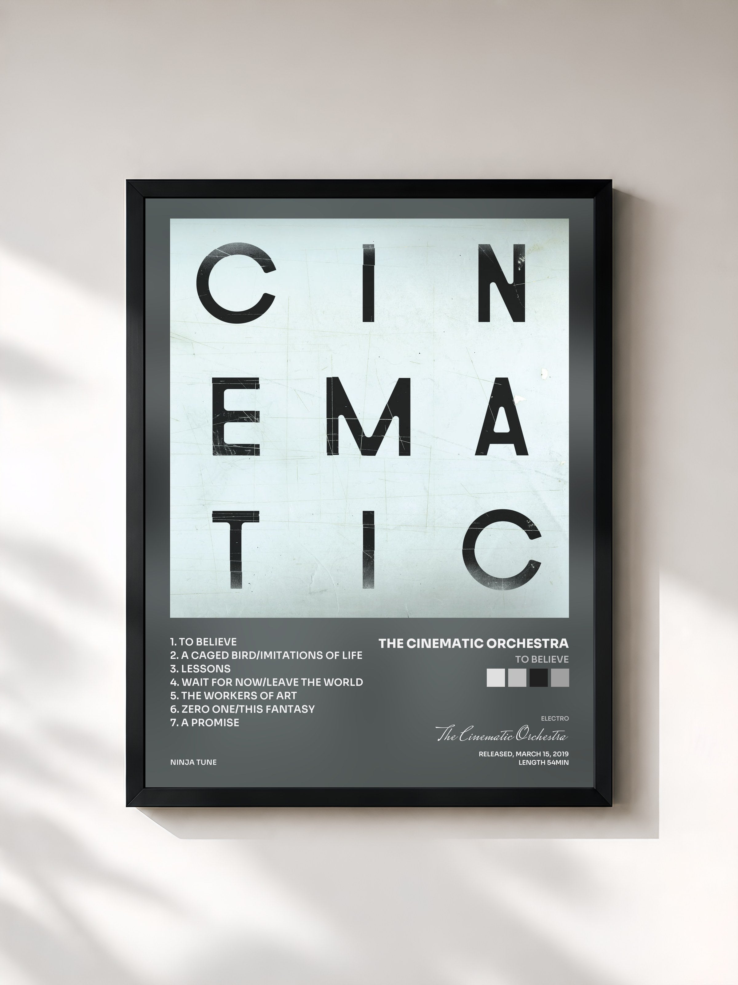 #noir Tableau de l'album To Believe de The Cinematic Orchestra, cadre noir, imprimé et encadré en France