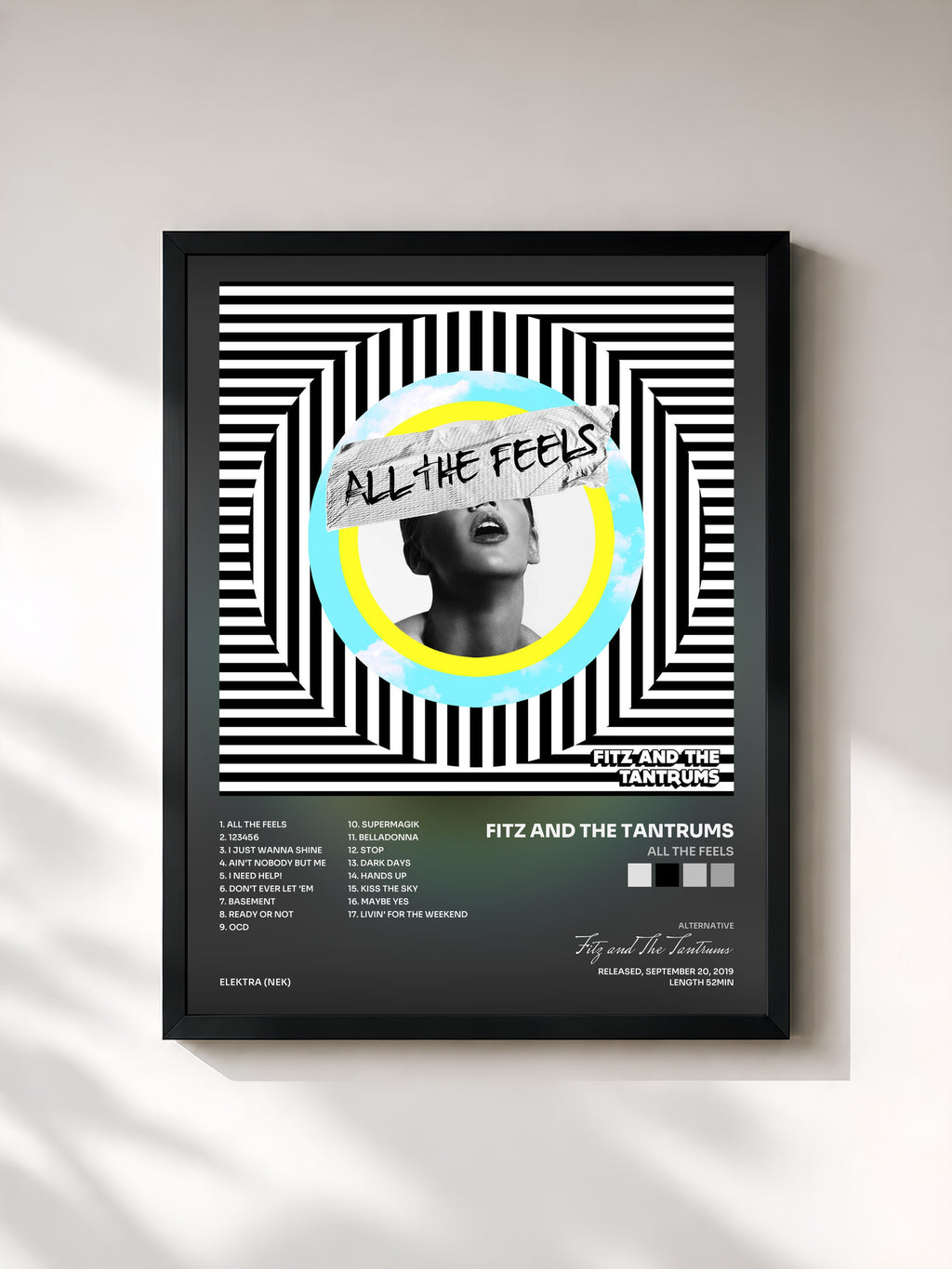 #noir Tableau de l'album All the Feels de Fitz and The Tantrums, cadre noir, imprimé et encadré en France