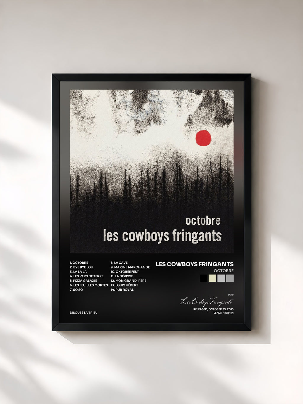 #noir Tableau de l'album Octobre de Les Cowboys Fringants, cadre noir, imprimé et encadré en France