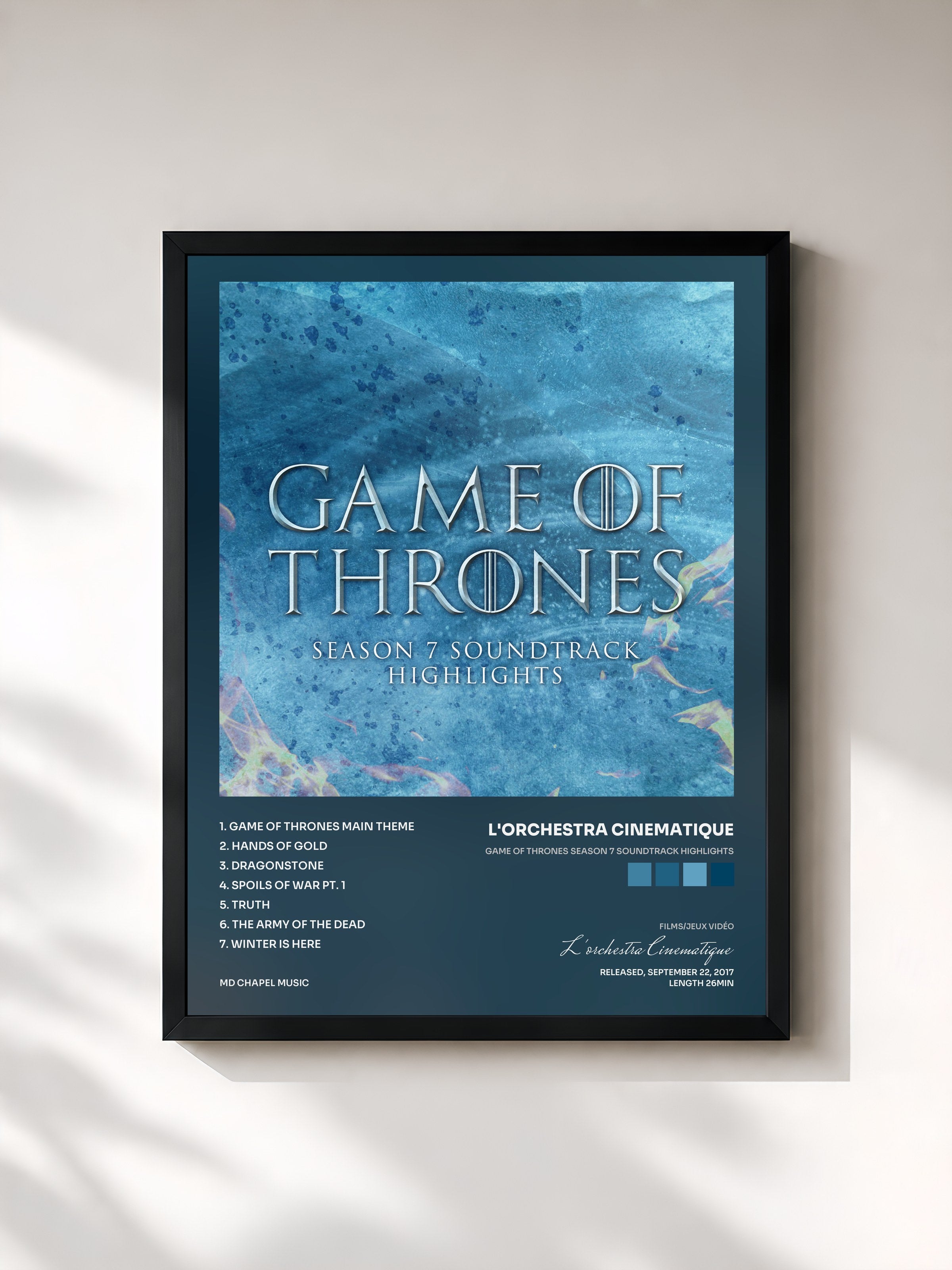 #noir Tableau de l'album Game of Thrones Season 7 Soundtrack Highlights de L'orchestra Cinematique, cadre noir, imprimé et encadré en France