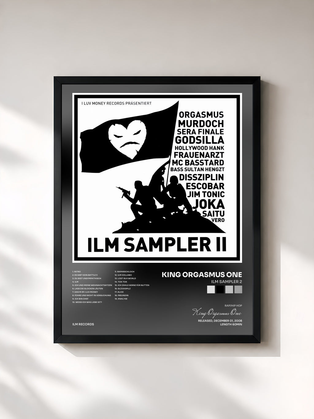 #noir Tableau de l'album ILM Sampler 2 de King Orgasmus One, cadre noir, imprimé et encadré en France