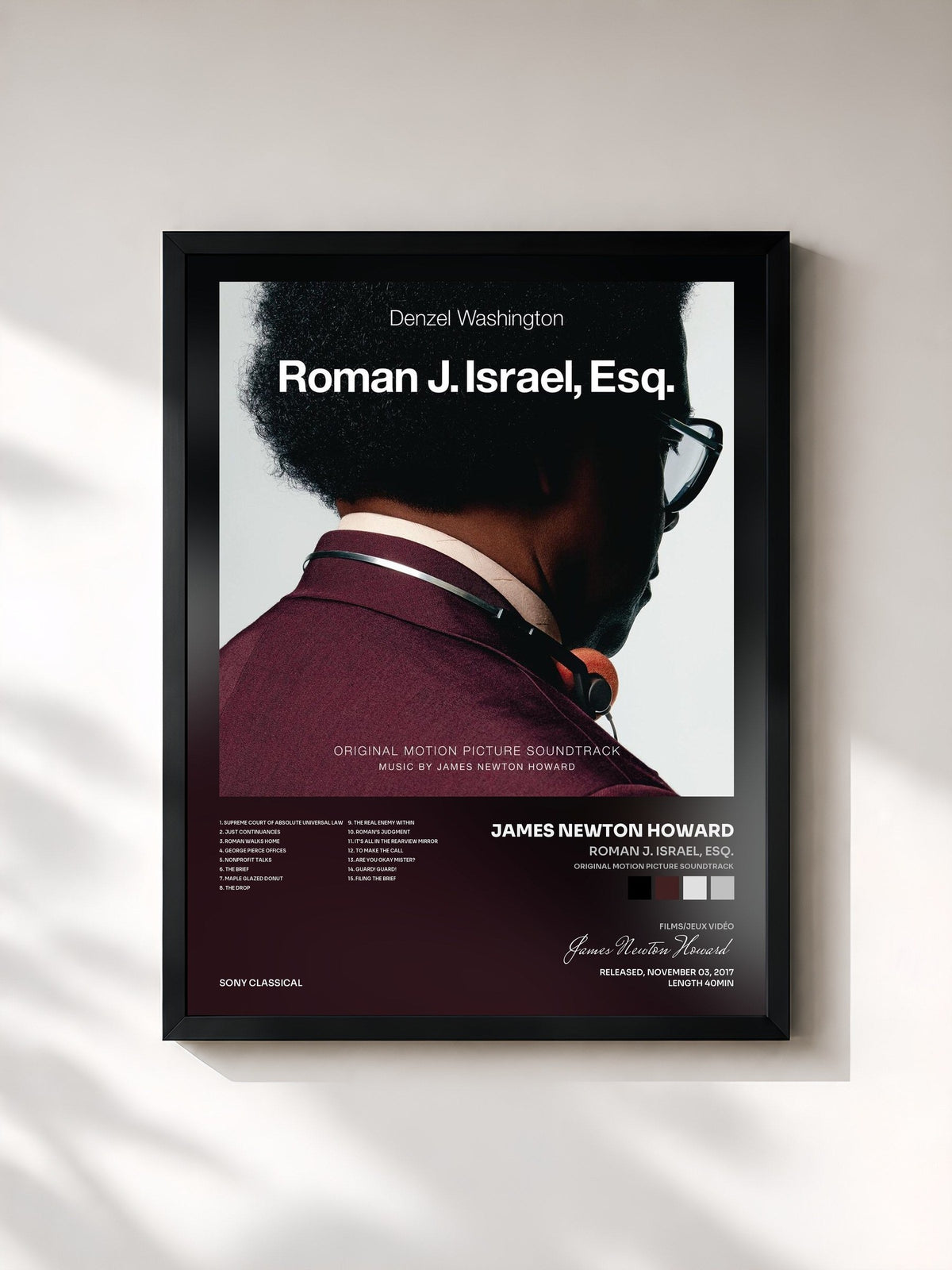 #noir Tableau de l'album Roman J. Israel, Esq. (Original Motion Picture Soundtrack) de James Newton Howard, cadre noir, imprimé et encadré en France