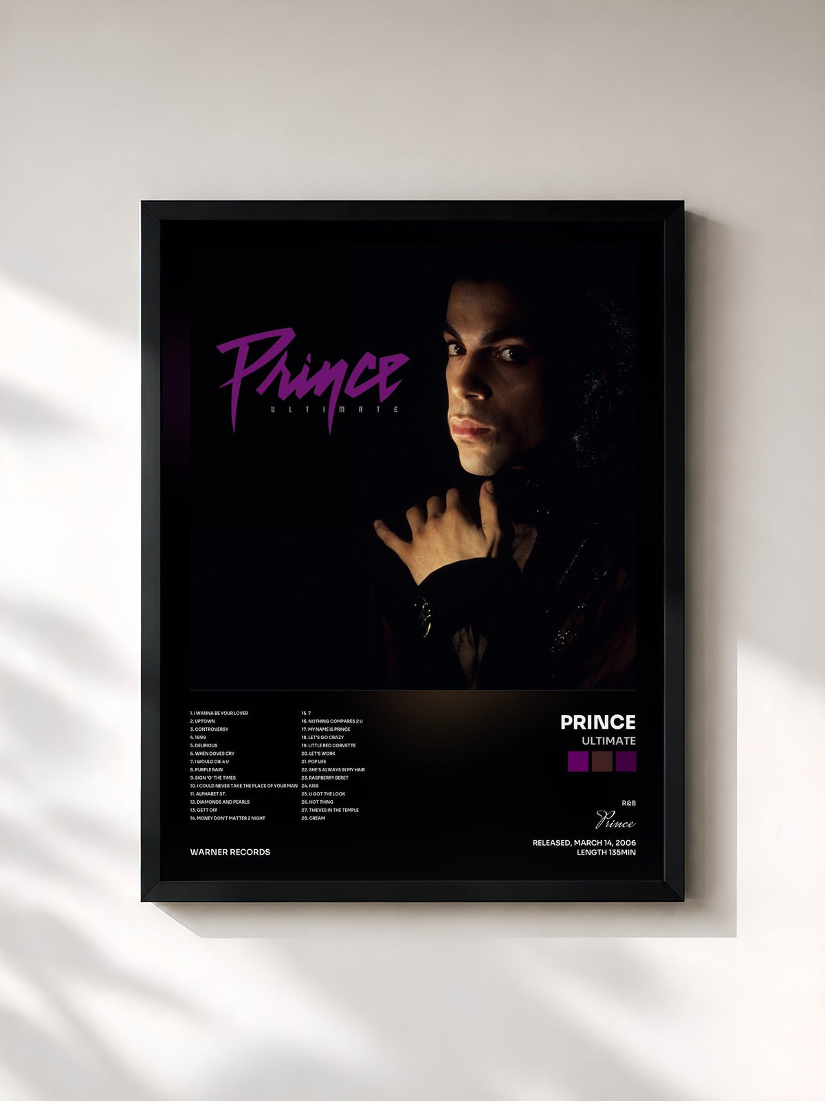 #noir Tableau de l'album Ultimate de Prince, cadre noir, imprimé et encadré en France