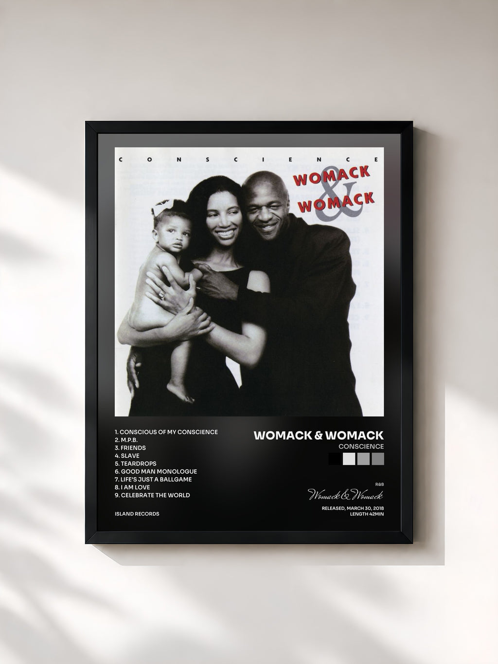 #noir Tableau de l'album Conscience de Womack & Womack, cadre noir, imprimé et encadré en France