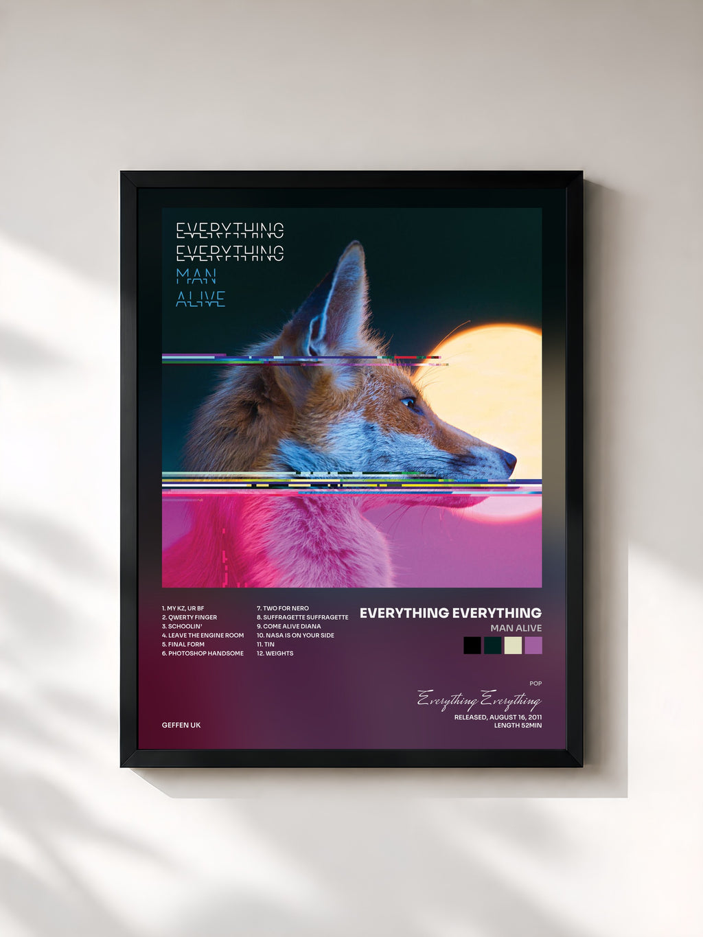 #noir Tableau de l'album Man Alive de Everything Everything, cadre noir, imprimé et encadré en France