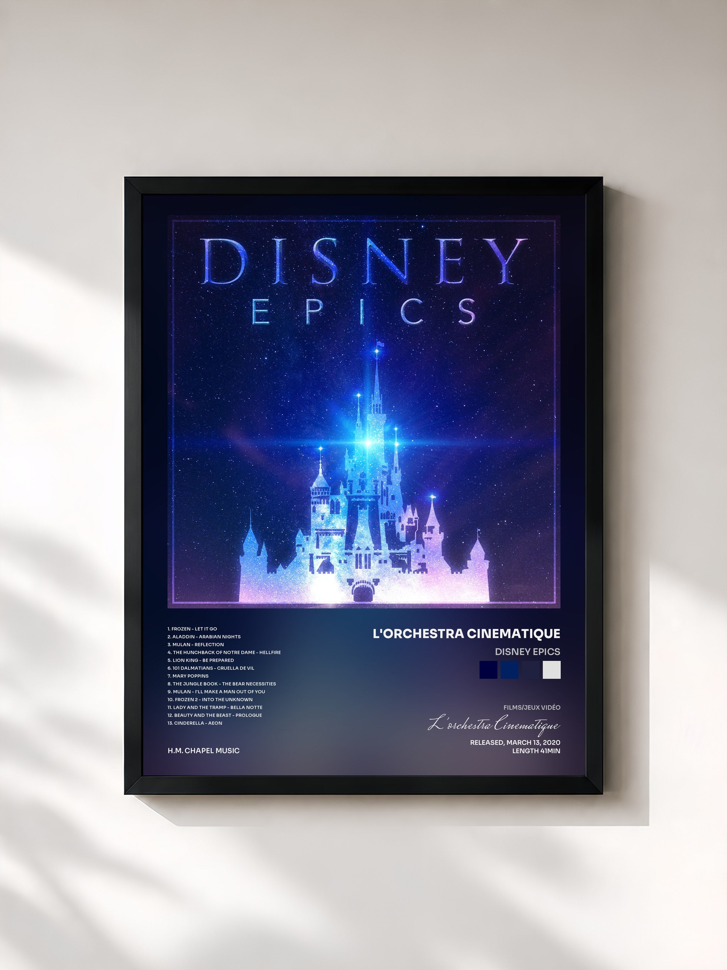#noir Tableau de l'album Disney Epics de L'orchestra Cinematique, cadre noir, imprimé et encadré en France