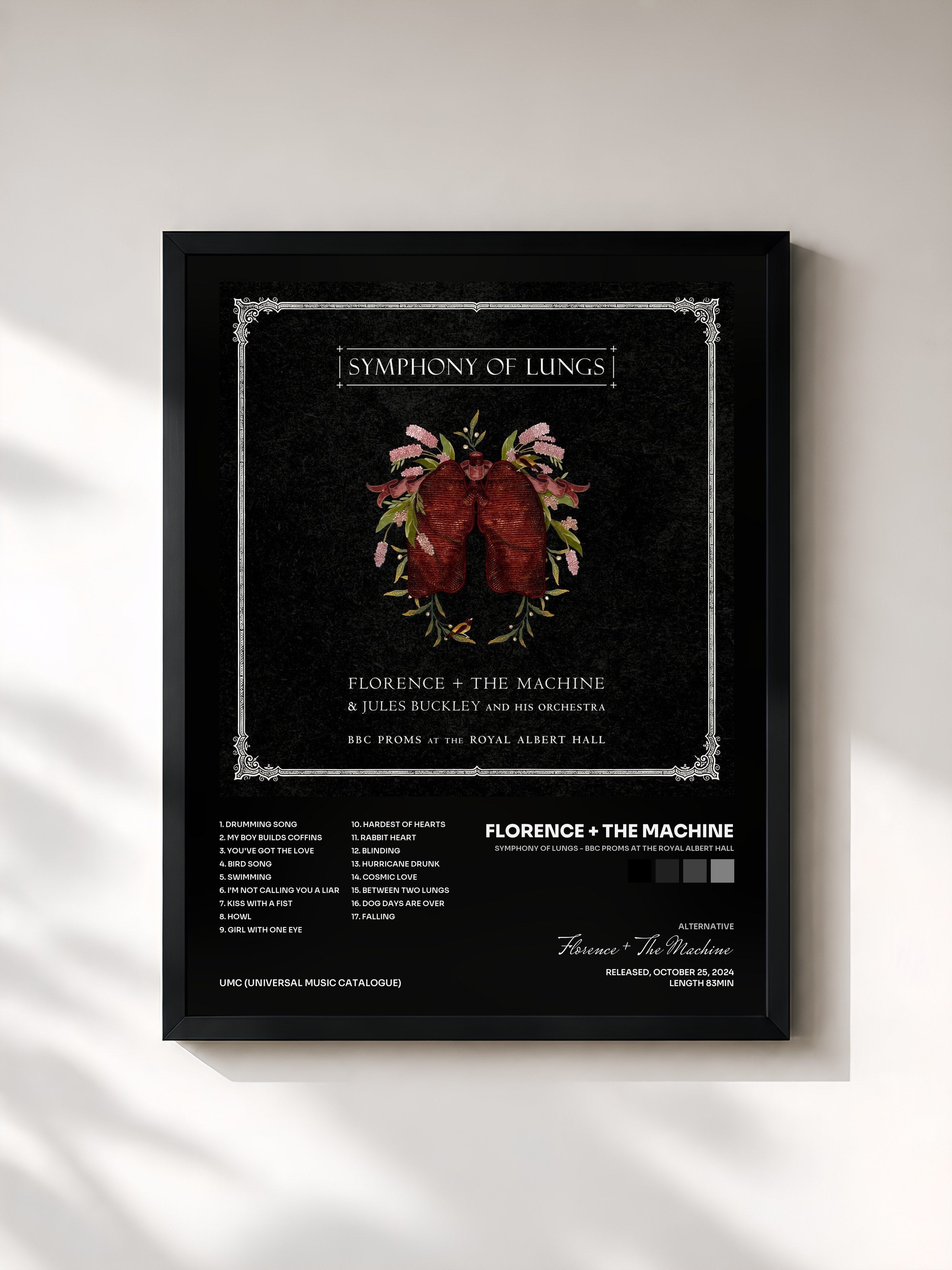 #noir Tableau de l'album Symphony of Lungs - BBC Proms at the Royal Albert Hall de Florence + The Machine, cadre noir, imprimé et encadré en France