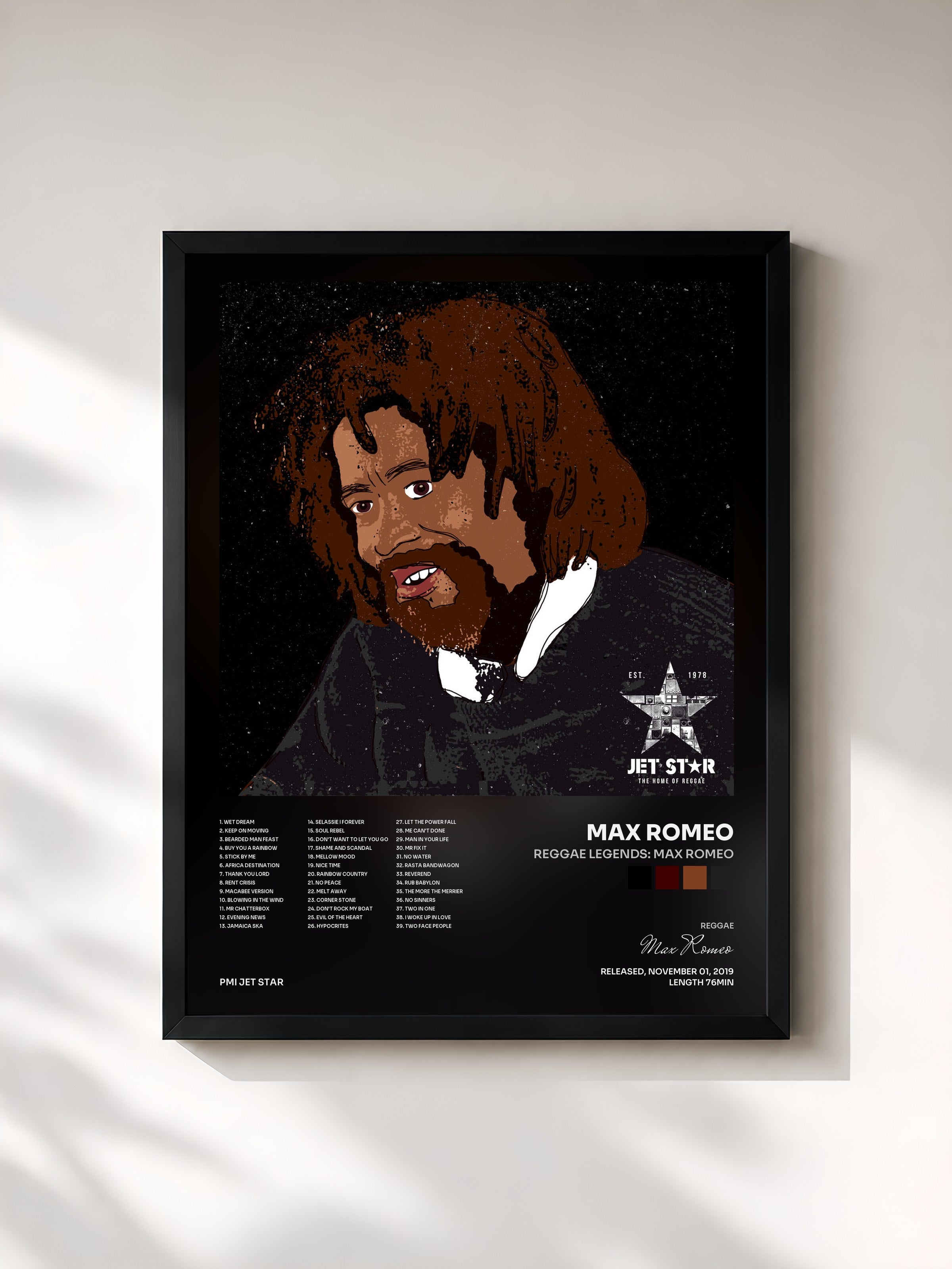 #noir Tableau de l'album Reggae Legends: Max Romeo de Max Romeo, cadre noir, imprimé et encadré en France