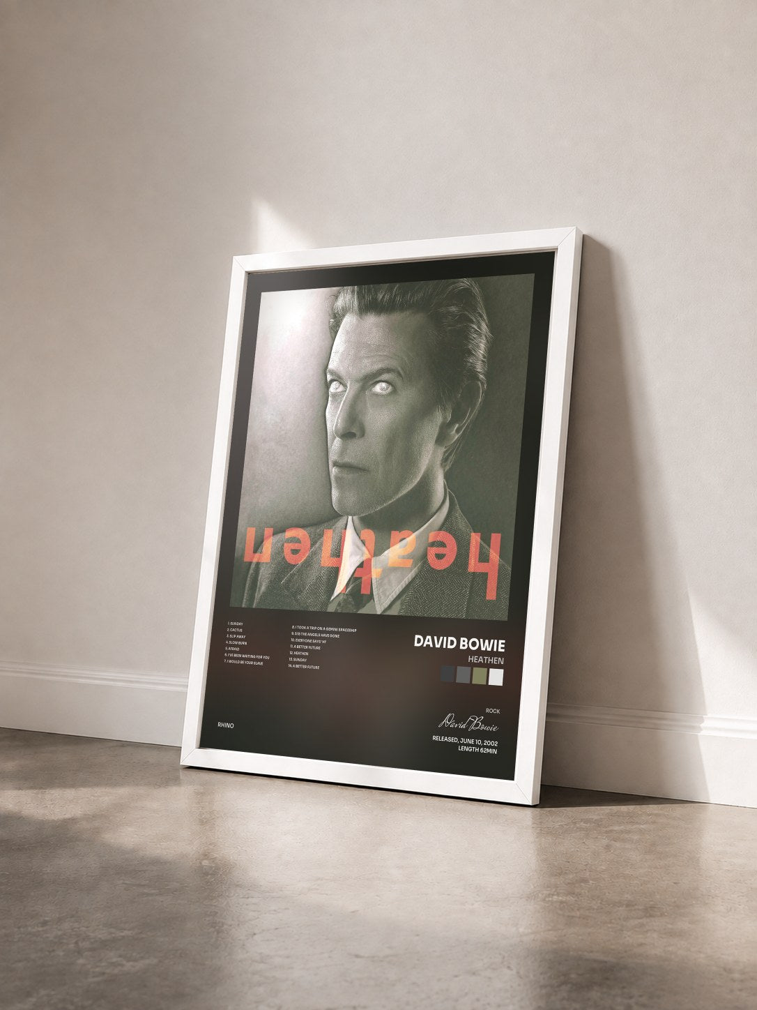 #blanc Tableau de l'album Heathen de David Bowie vu de trois quarts, cadre blanc