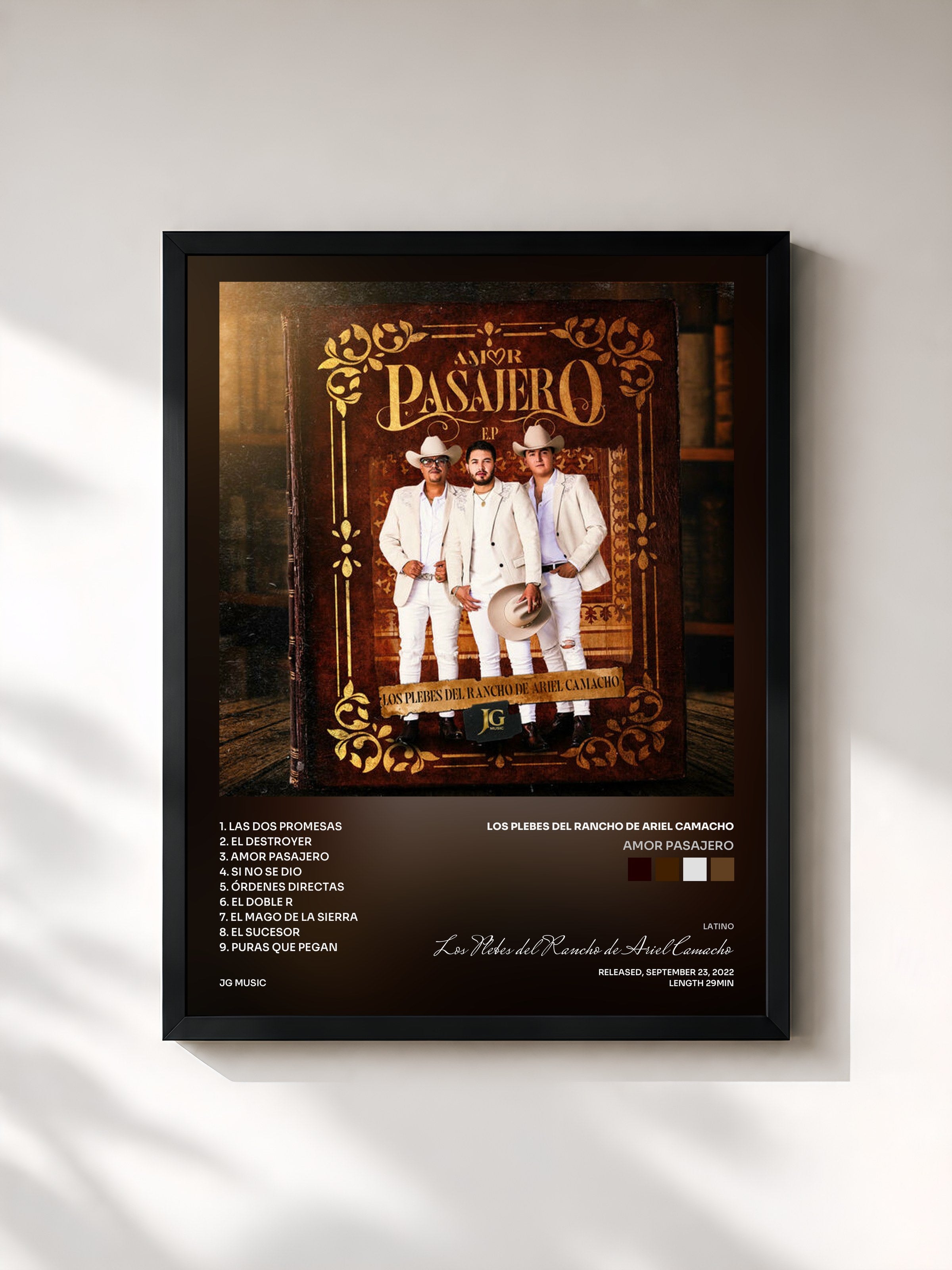 #noir Tableau de l'album Amor Pasajero de Los Plebes del Rancho de Ariel Camacho, cadre noir, imprimé et encadré en France