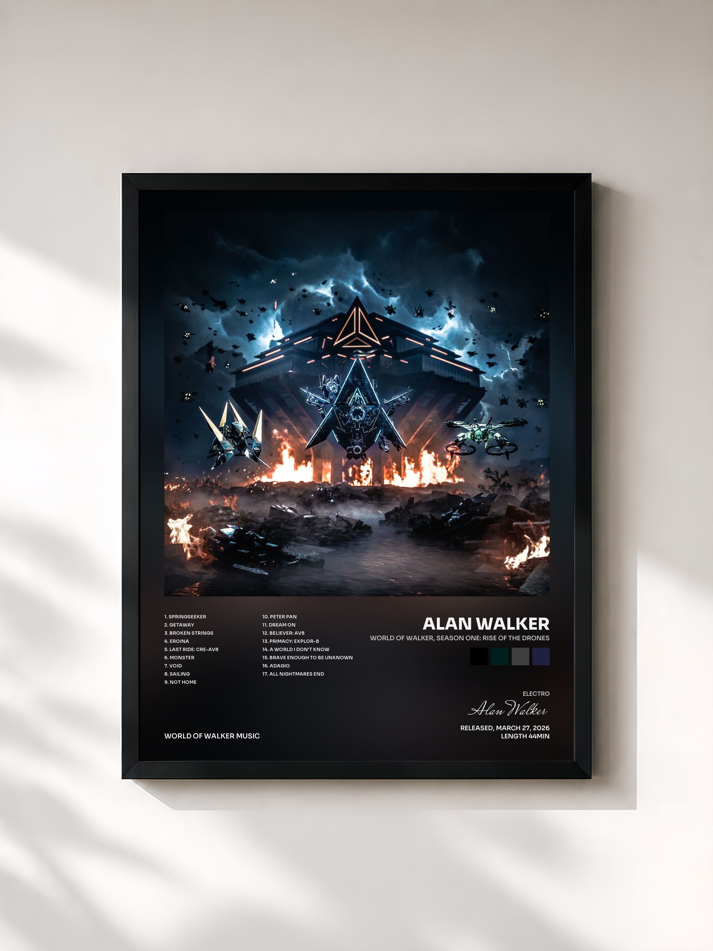 #noir Tableau de l'album World of Walker, Season One: Rise of the Drones de Alan Walker, cadre noir, imprimé et encadré en France