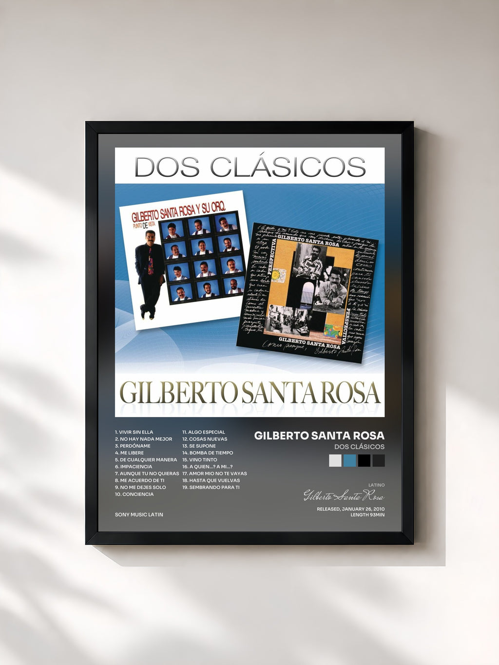 #noir Tableau de l'album Dos Clásicos de Gilberto Santa Rosa, cadre noir, imprimé et encadré en France