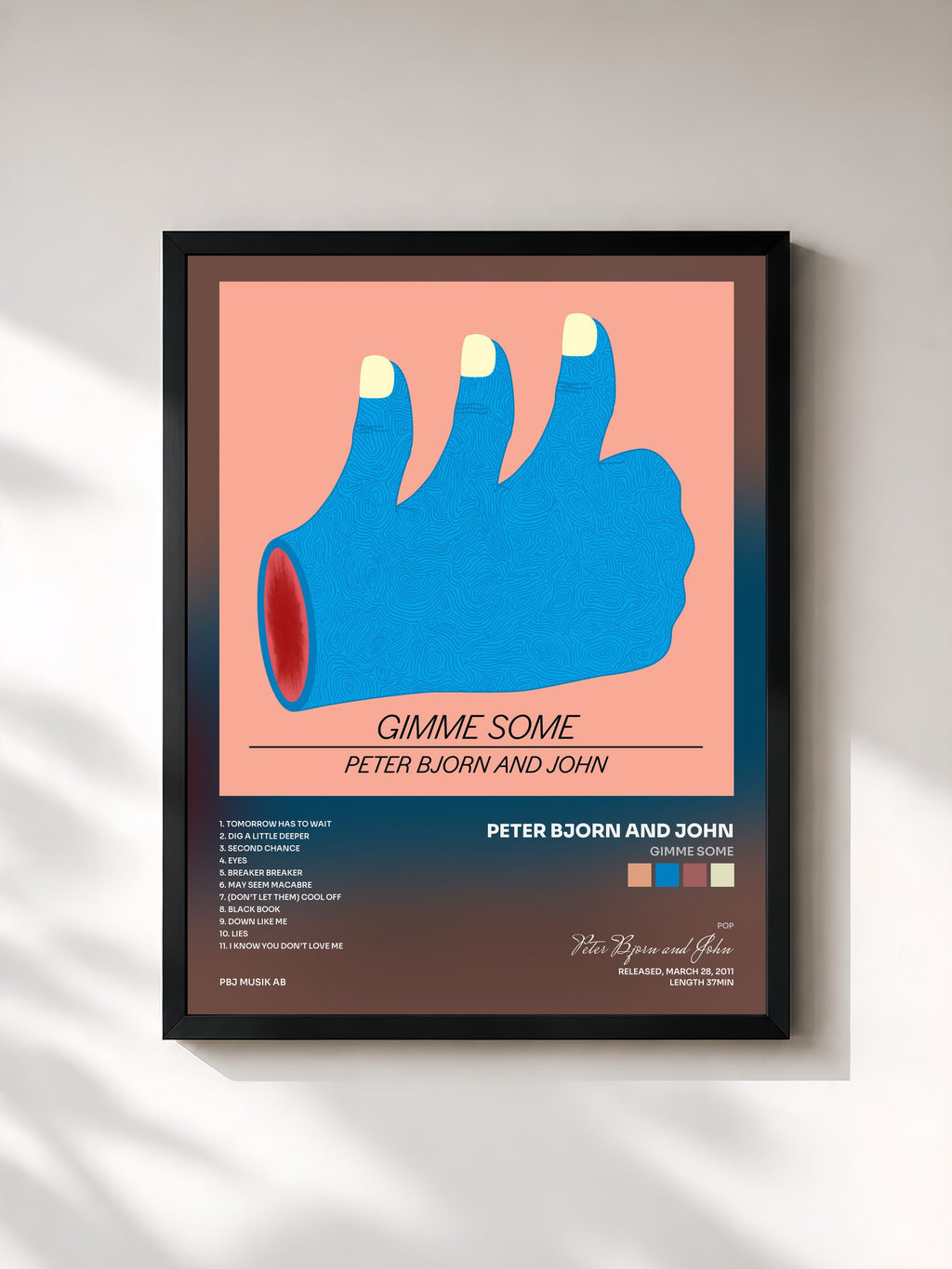 #noir Tableau de l'album Gimme Some de Peter Bjorn and John, cadre noir, imprimé et encadré en France