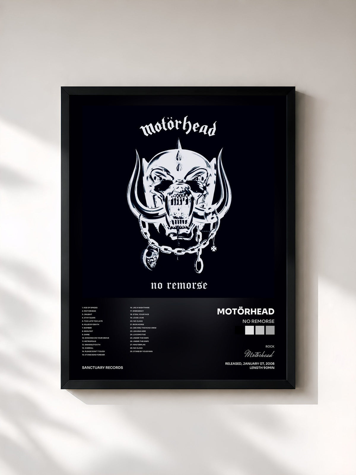 #noir Tableau de l'album No Remorse de Motörhead, cadre noir, imprimé et encadré en France