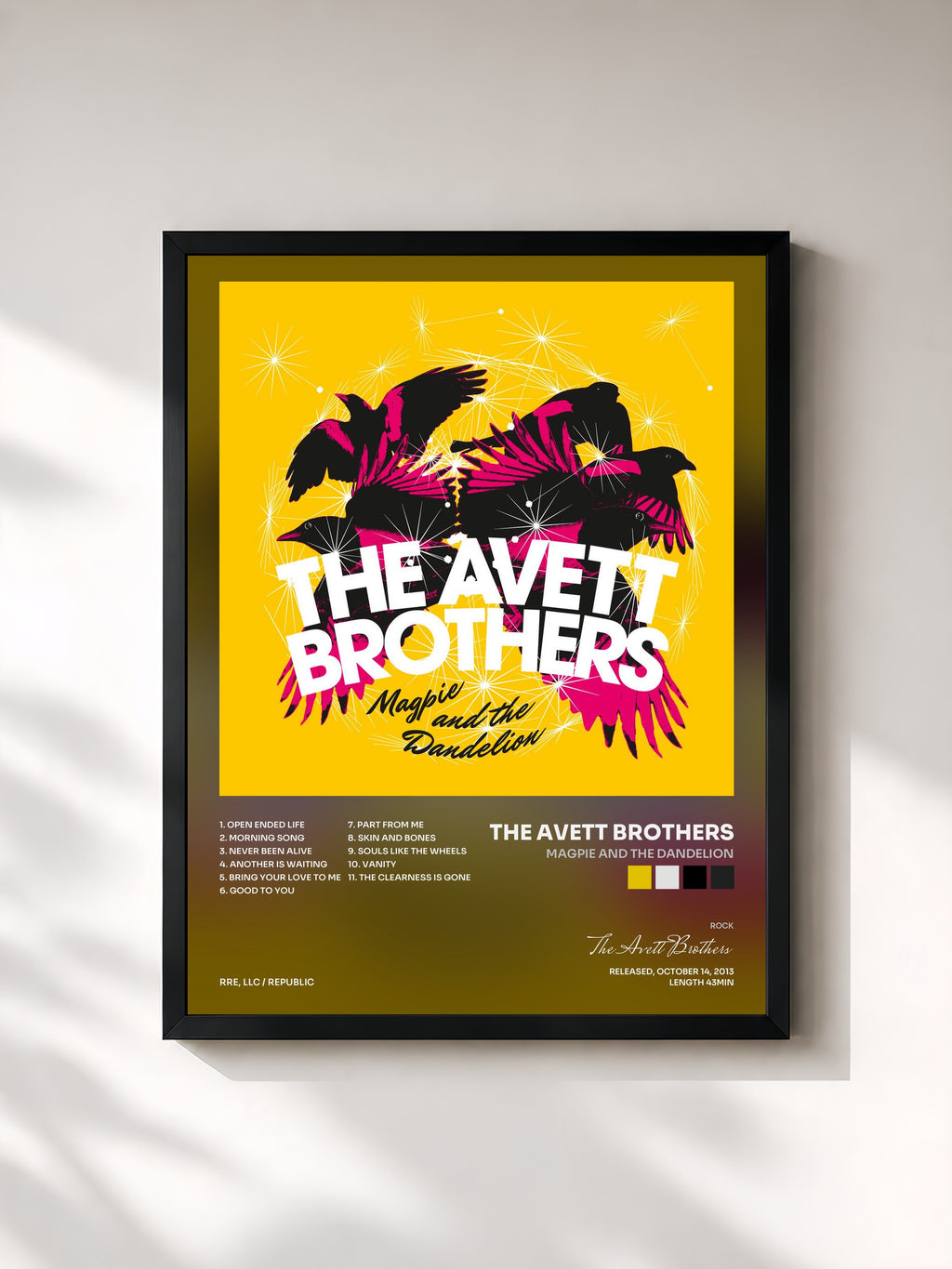 #noir Tableau de l'album Magpie And The Dandelion de The Avett Brothers, cadre noir, imprimé et encadré en France