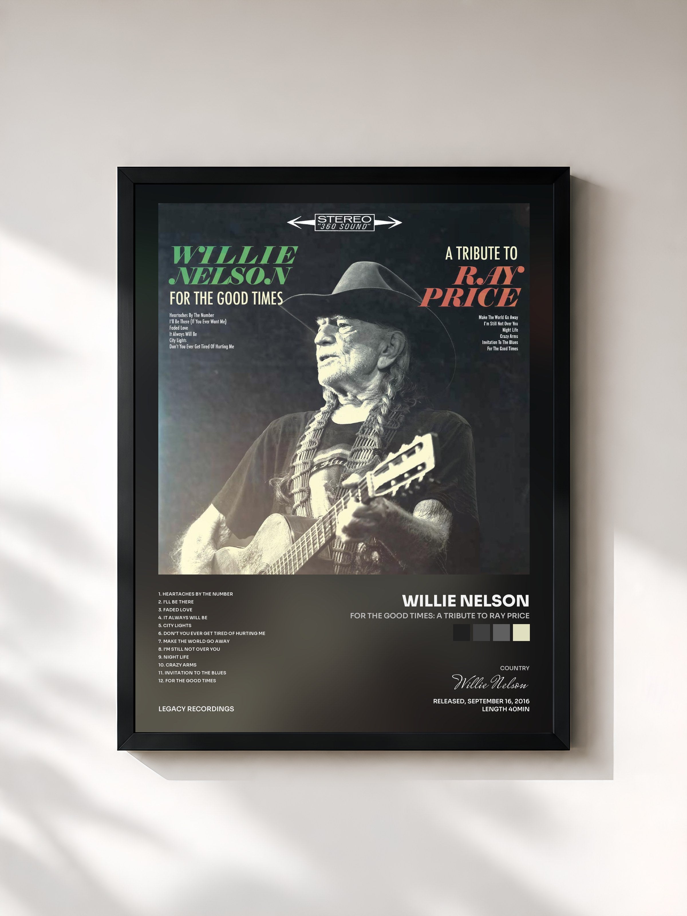 #noir Tableau de l'album For the Good Times: A Tribute to Ray Price de Willie Nelson, cadre noir, imprimé et encadré en France