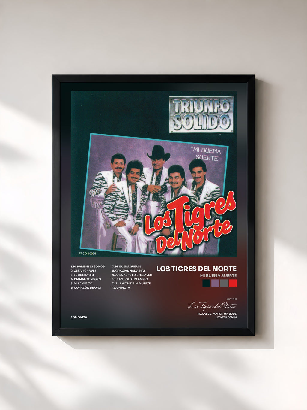 #noir Tableau de l'album Mi Buena Suerte de Los Tigres del Norte, cadre noir, imprimé et encadré en France