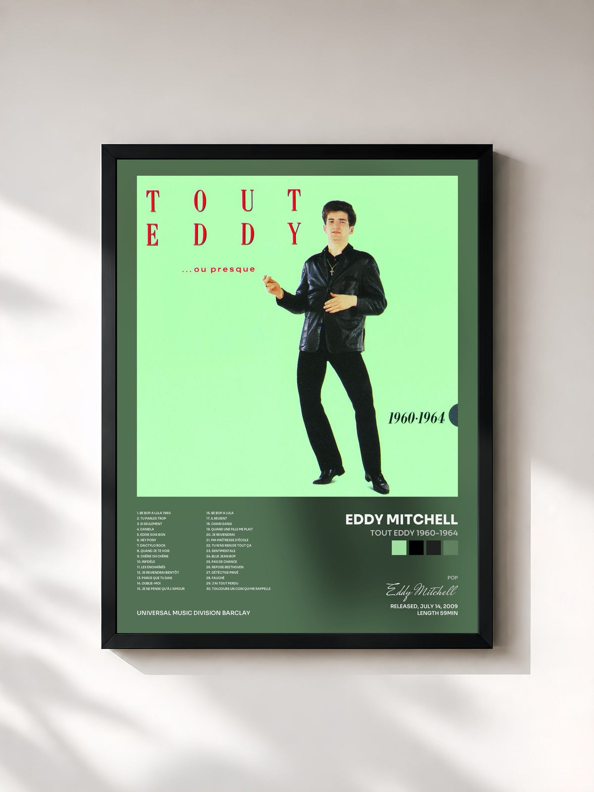 #noir Tableau de l'album Tout Eddy 1960-1964 de Eddy Mitchell, cadre noir, imprimé et encadré en France
