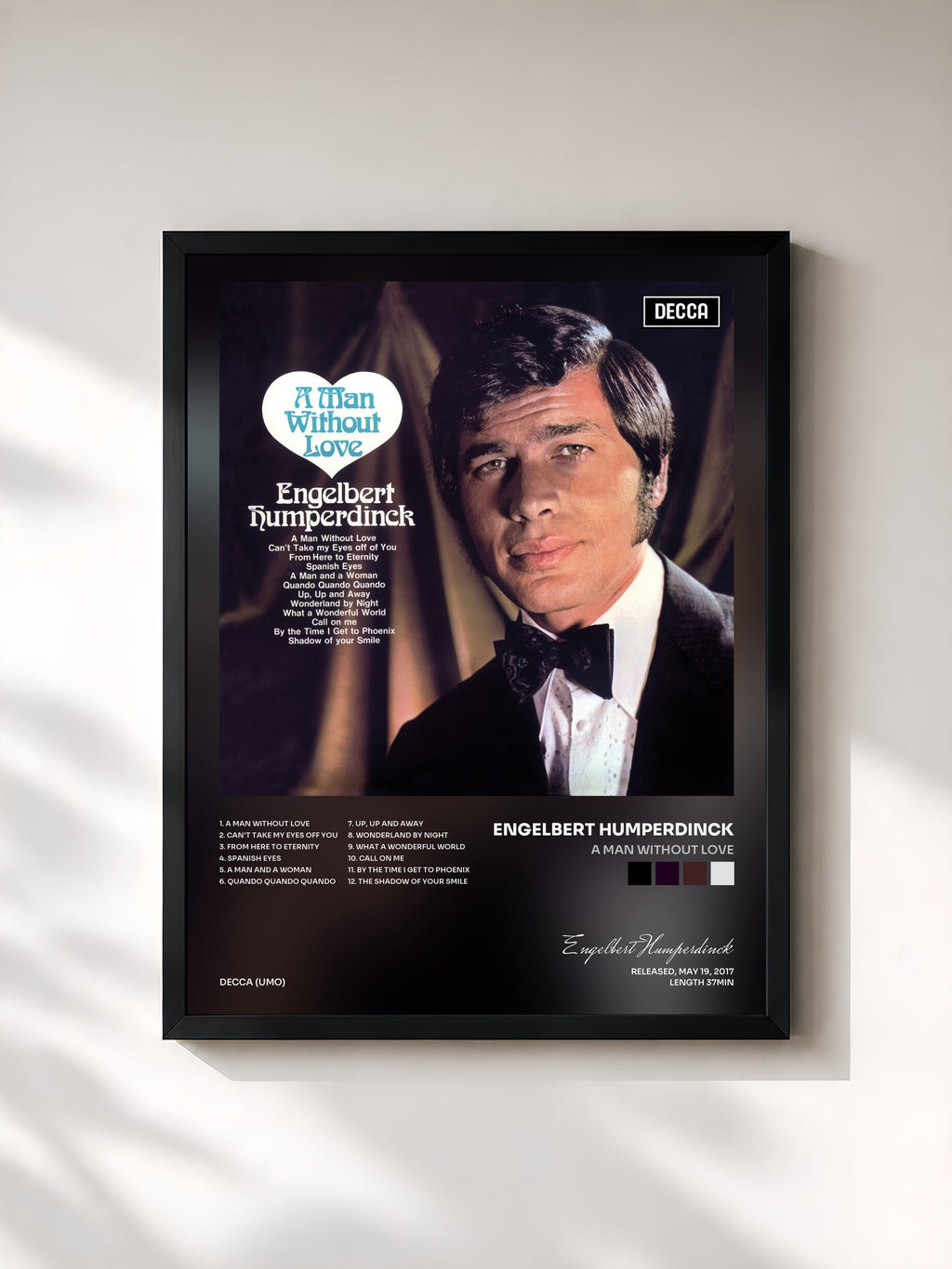 #noir Tableau de l'album A Man Without Love de Engelbert Humperdinck, cadre noir, imprimé et encadré en France