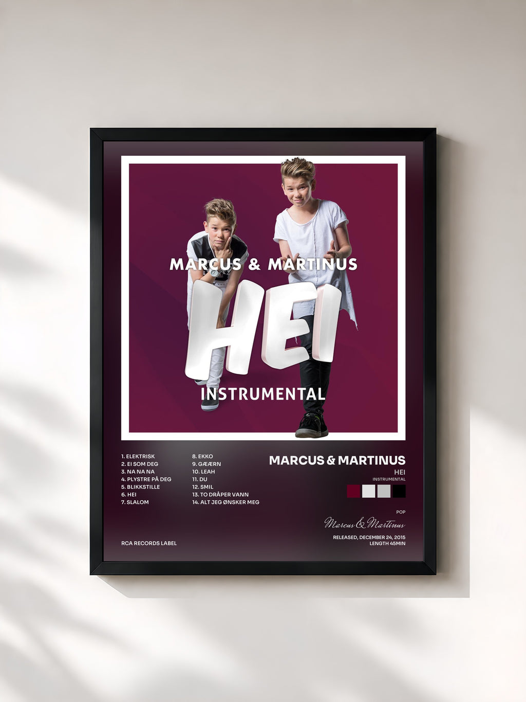 #noir Tableau de l'album Hei (Instrumental) de Marcus & Martinus, cadre noir, imprimé et encadré en France