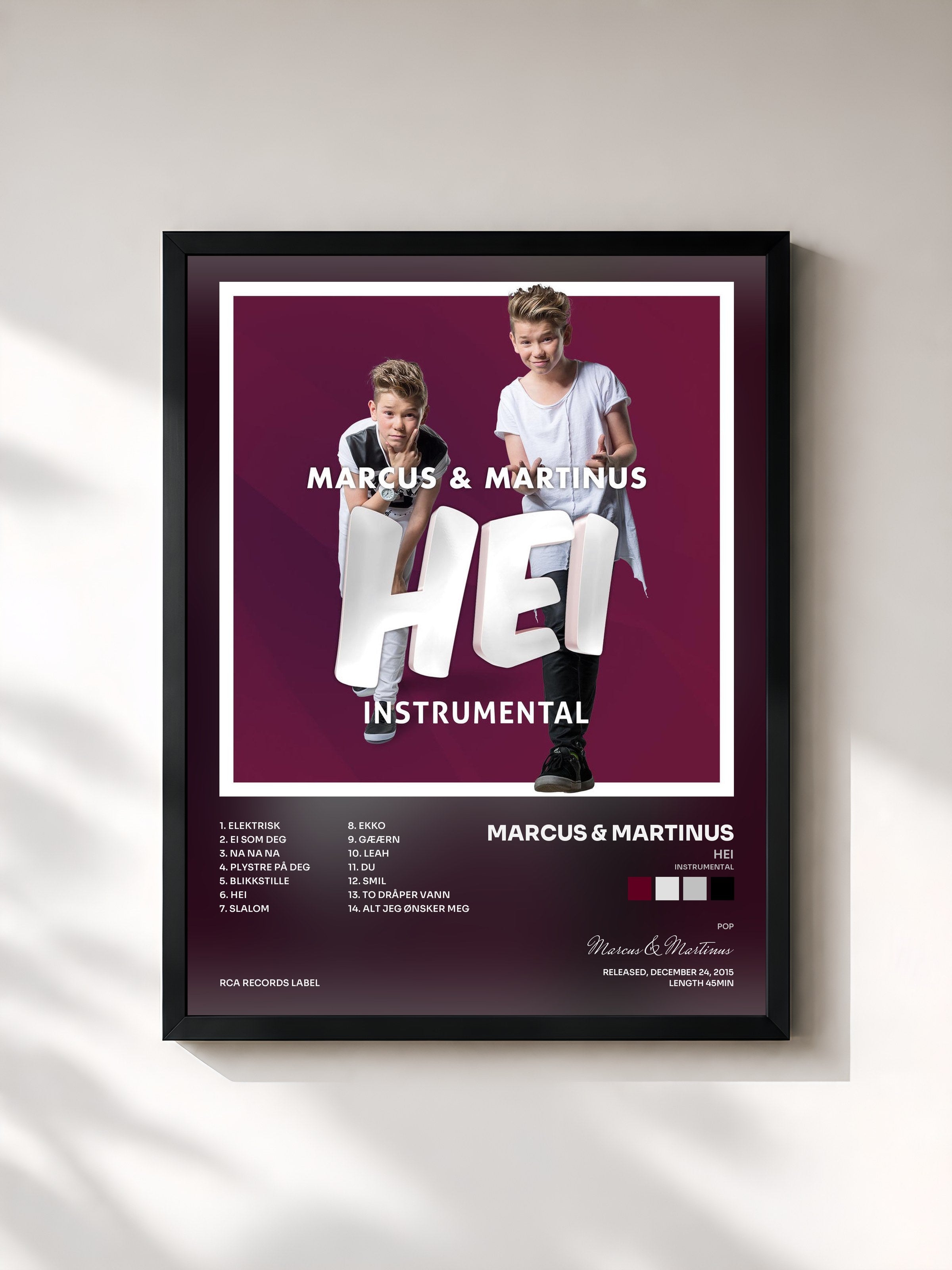 #noir Tableau de l'album Hei (Instrumental) de Marcus & Martinus, cadre noir, imprimé et encadré en France
