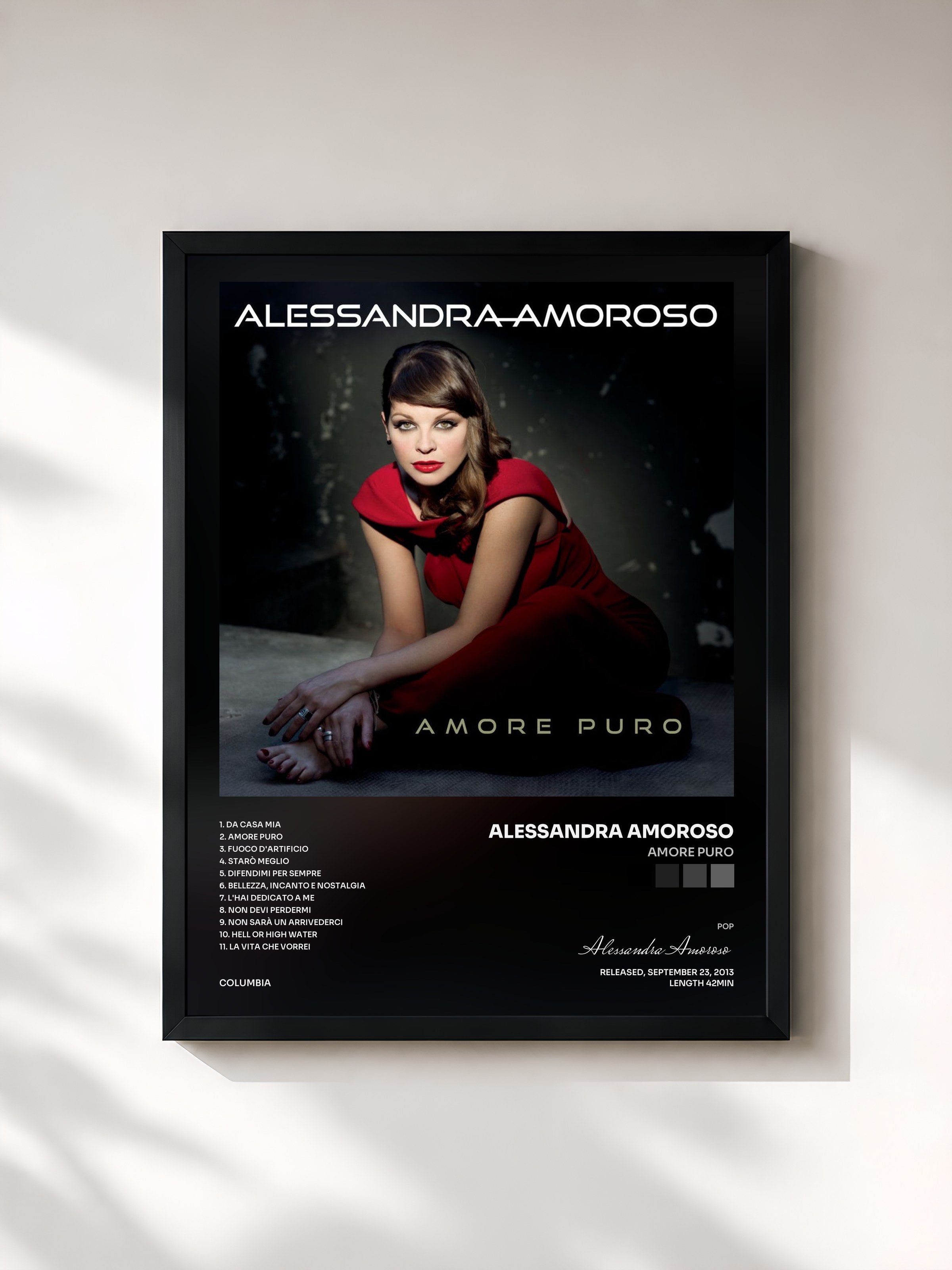 #noir Tableau de l'album Amore Puro de Alessandra Amoroso, cadre noir, imprimé et encadré en France