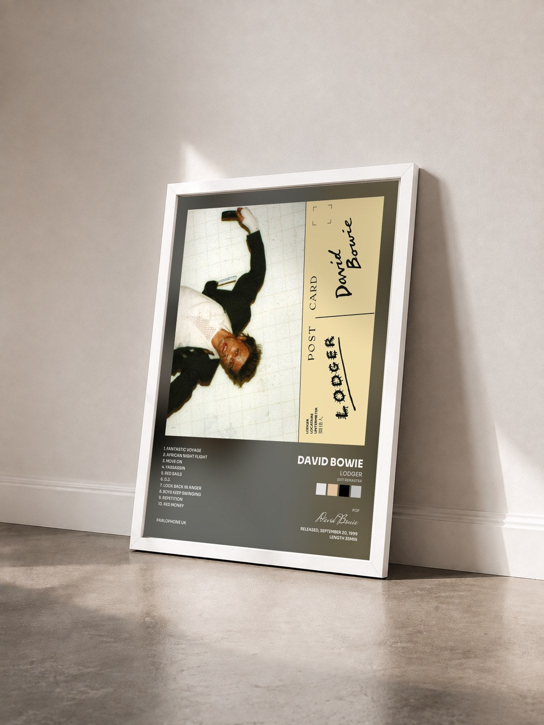 #blanc Tableau de l'album Lodger (2017 Remaster) de David Bowie vu de trois quarts, cadre blanc