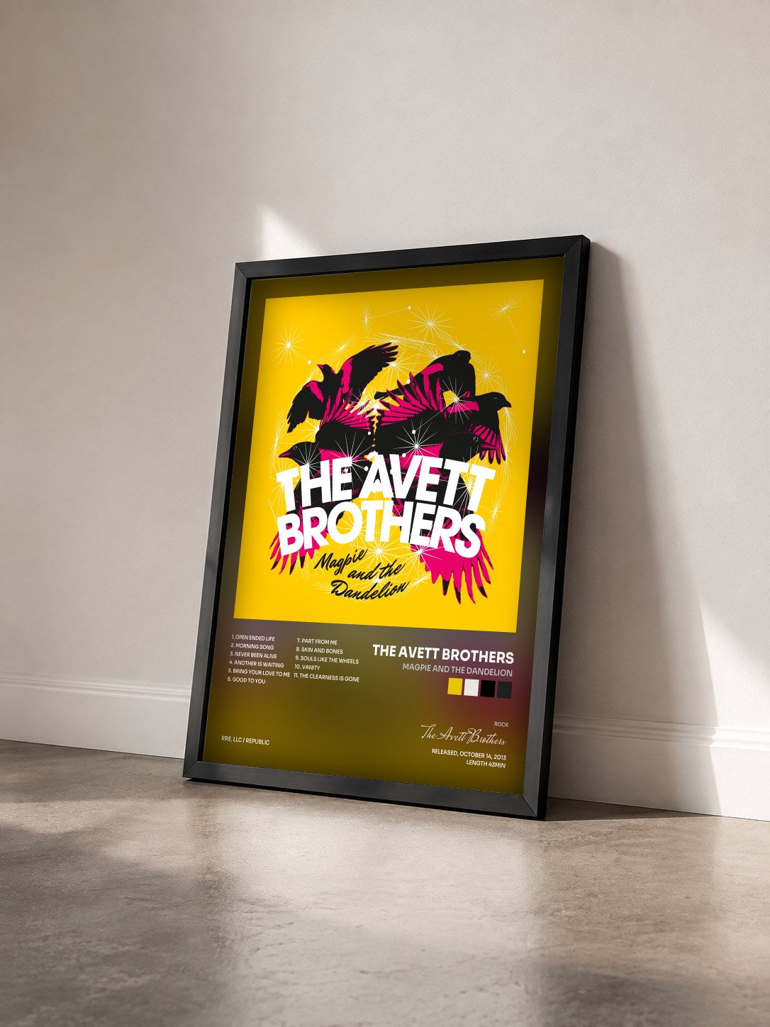 #noir Tableau de l'album Magpie And The Dandelion de The Avett Brothers vu de trois quarts, cadre noir