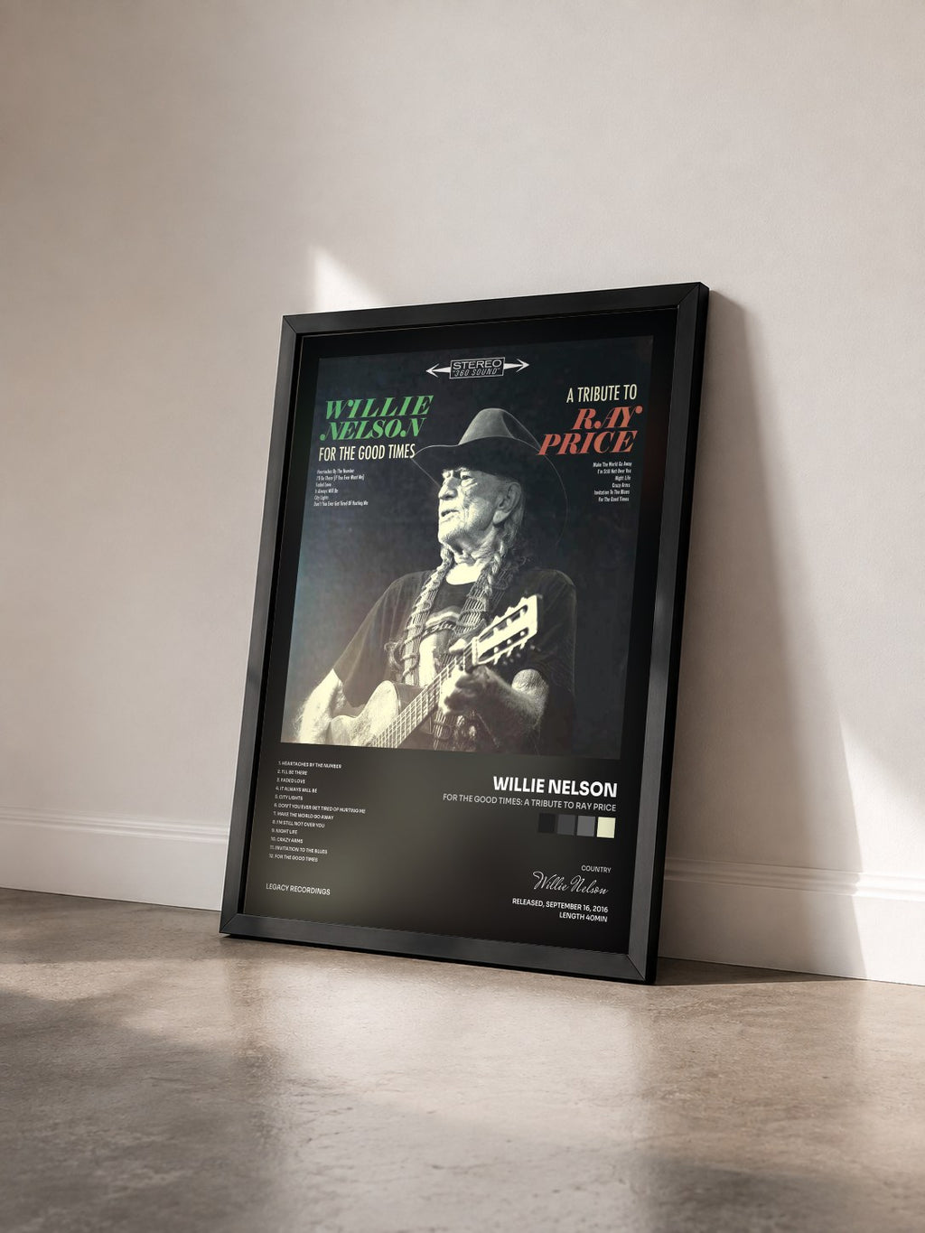 #noir Tableau de l'album For the Good Times: A Tribute to Ray Price de Willie Nelson vu de trois quarts, cadre noir