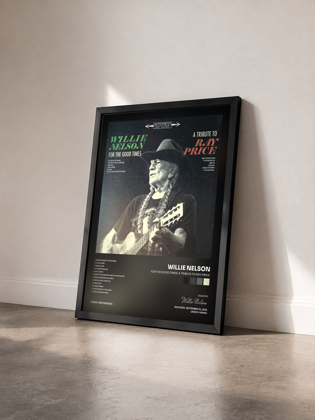 #noir Tableau de l'album For the Good Times: A Tribute to Ray Price de Willie Nelson vu de trois quarts, cadre noir