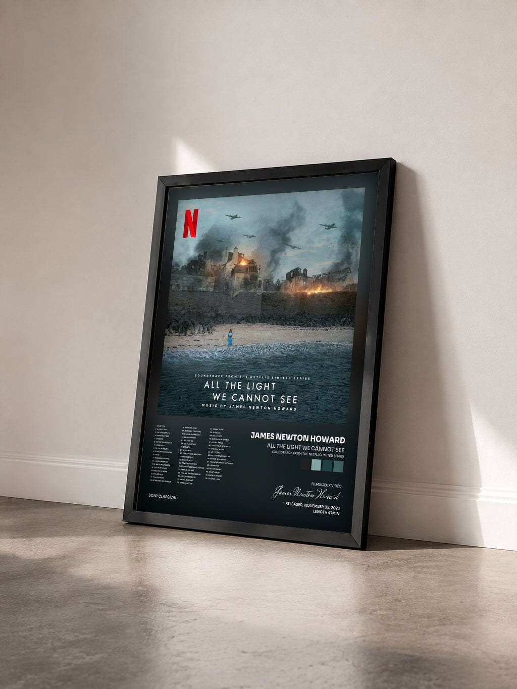 #noir All the Light We Cannot See (Soundtrack from the Netflix Limited Series) by James Newton Howard as a framed art print seen at an angle, black frame