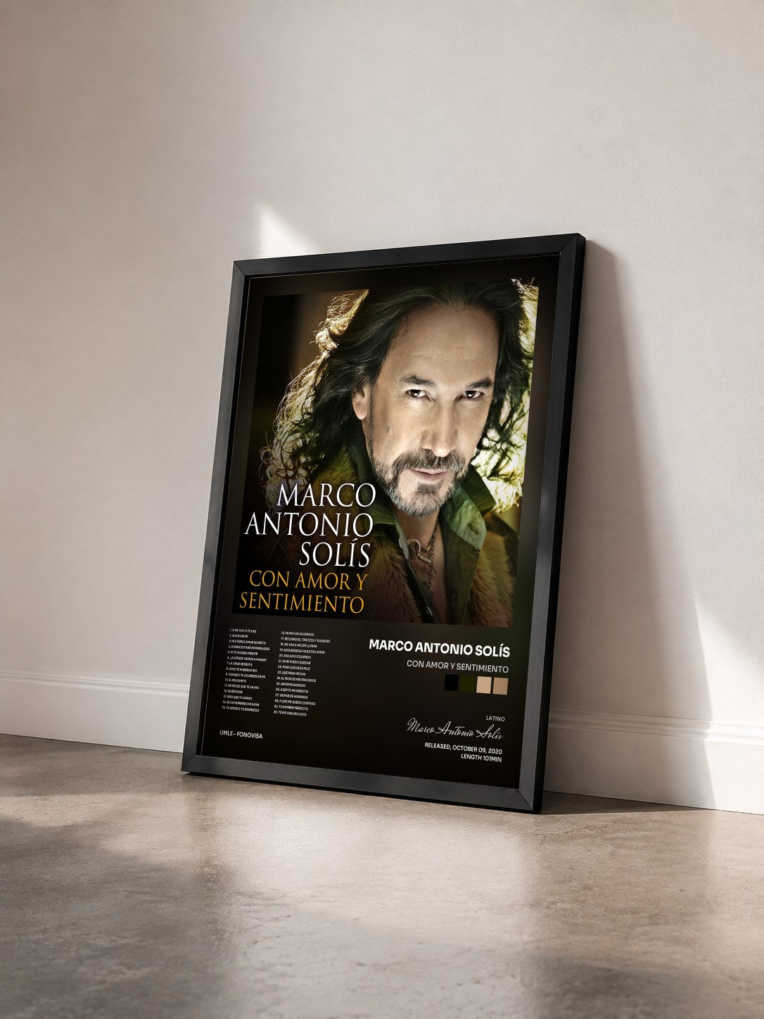 #noir Tableau de l'album Con Amor Y Sentimiento de Marco Antonio Solís vu de trois quarts, cadre noir