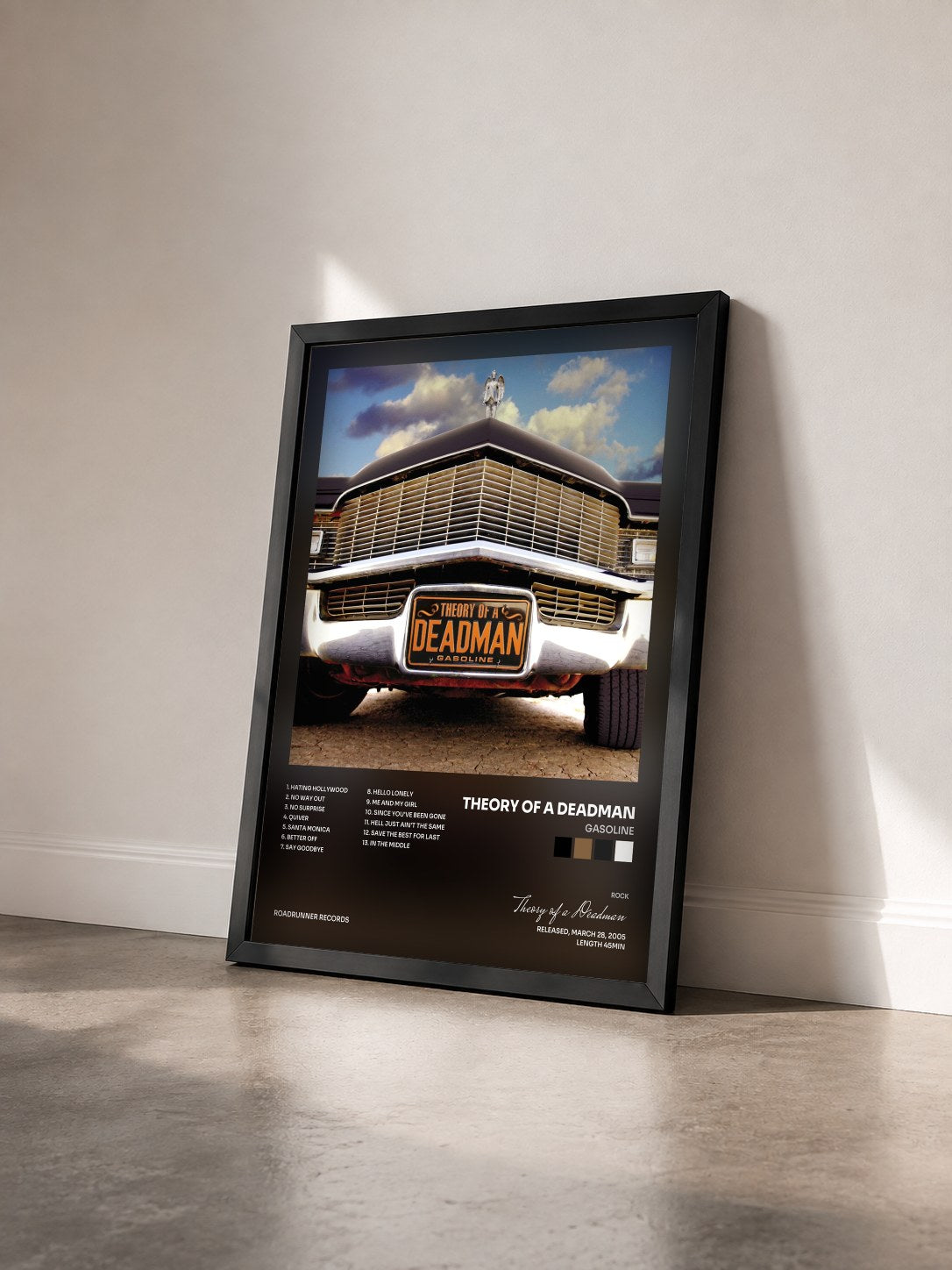 #noir Tableau de l'album Gasoline de Theory of a Deadman vu de trois quarts, cadre noir