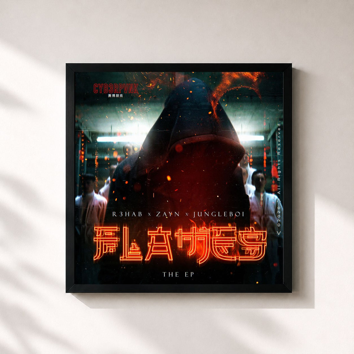 #noir Tableau carré de l'album Flames (The EP) de R3HAB, cadre noir 32x32 cm
