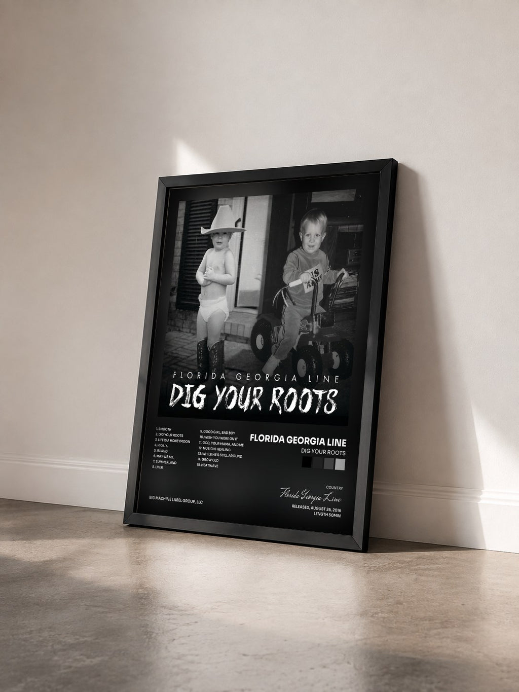 #noir Tableau de l'album Dig Your Roots de Florida Georgia Line vu de trois quarts, cadre noir