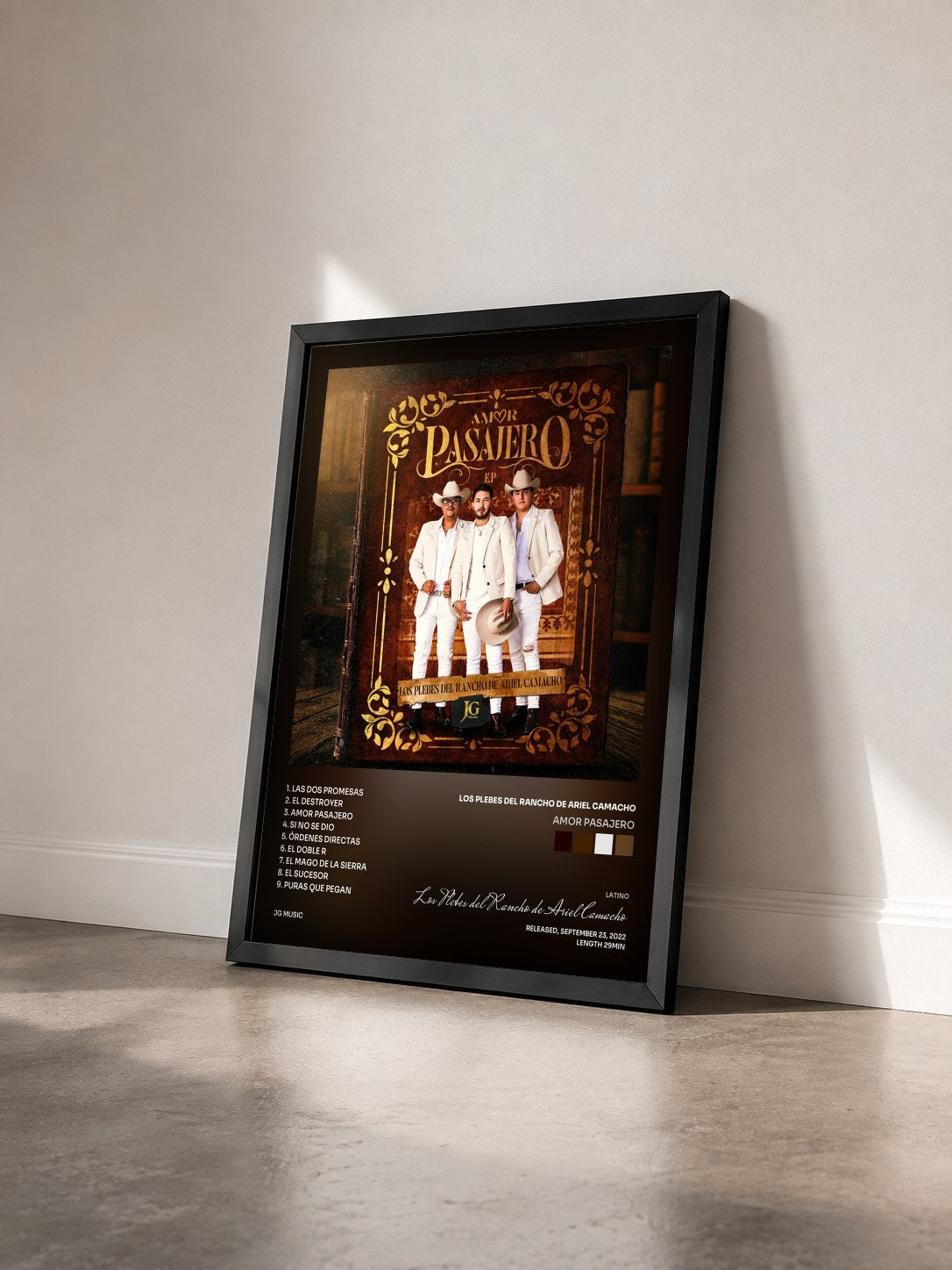 #noir Tableau de l'album Amor Pasajero de Los Plebes del Rancho de Ariel Camacho vu de trois quarts, cadre noir