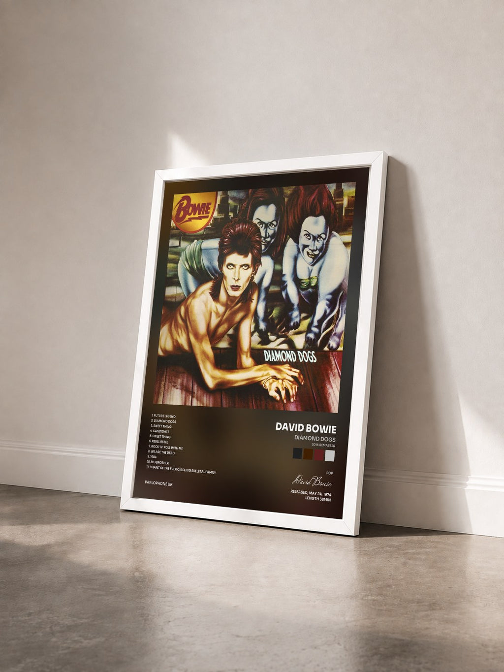 #blanc Tableau de l'album Diamond Dogs (2016 Remaster) de David Bowie vu de trois quarts, cadre blanc