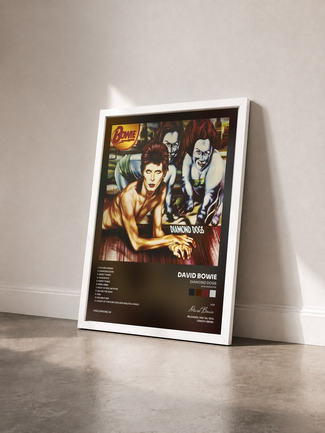 #blanc Tableau de l'album Diamond Dogs (2016 Remaster) de David Bowie vu de trois quarts, cadre blanc