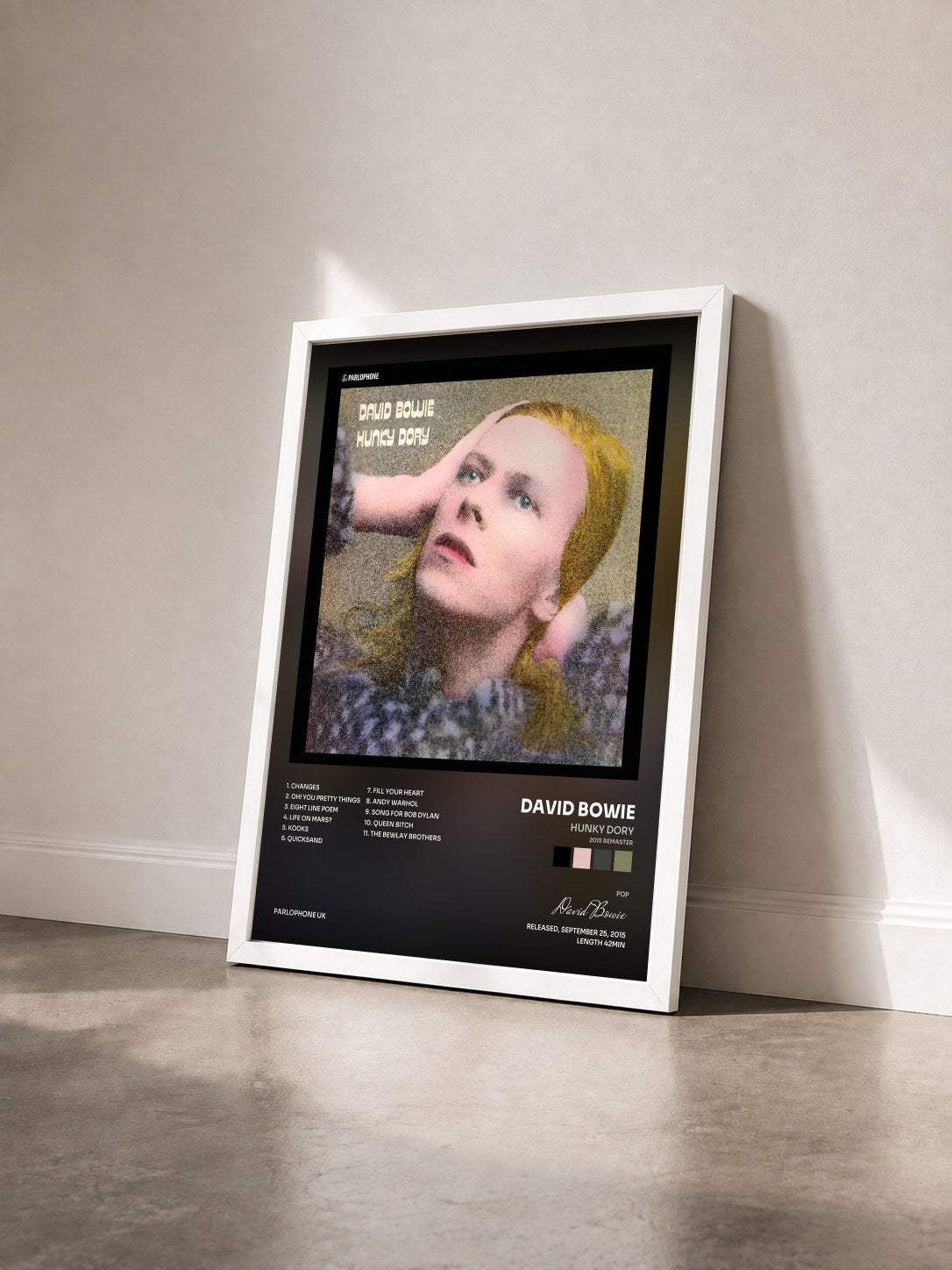 #blanc Hunky Dory (2015 Remaster) by David Bowie as a framed art print seen at an angle, white frame