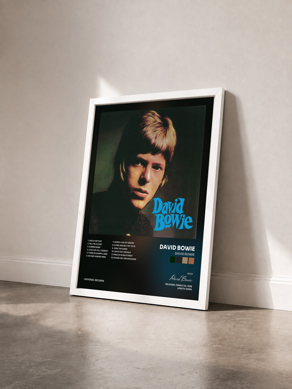 #blanc Tableau de l'album David Bowie de David Bowie vu de trois quarts, cadre blanc