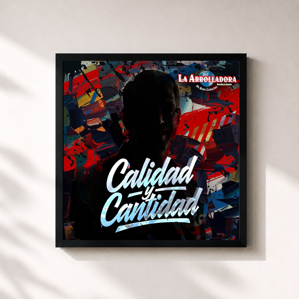 #noir Tableau carré de l'album Calidad Y Cantidad de La Arrolladora Banda El Limón De Rene Camacho, cadre noir 32x32 cm