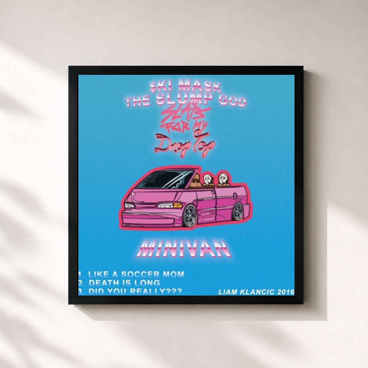 #noir Tableau carré de l'album Slaps For My Drop-Top Mini-Van de Ski Mask the Slump God, cadre noir 32x32 cm